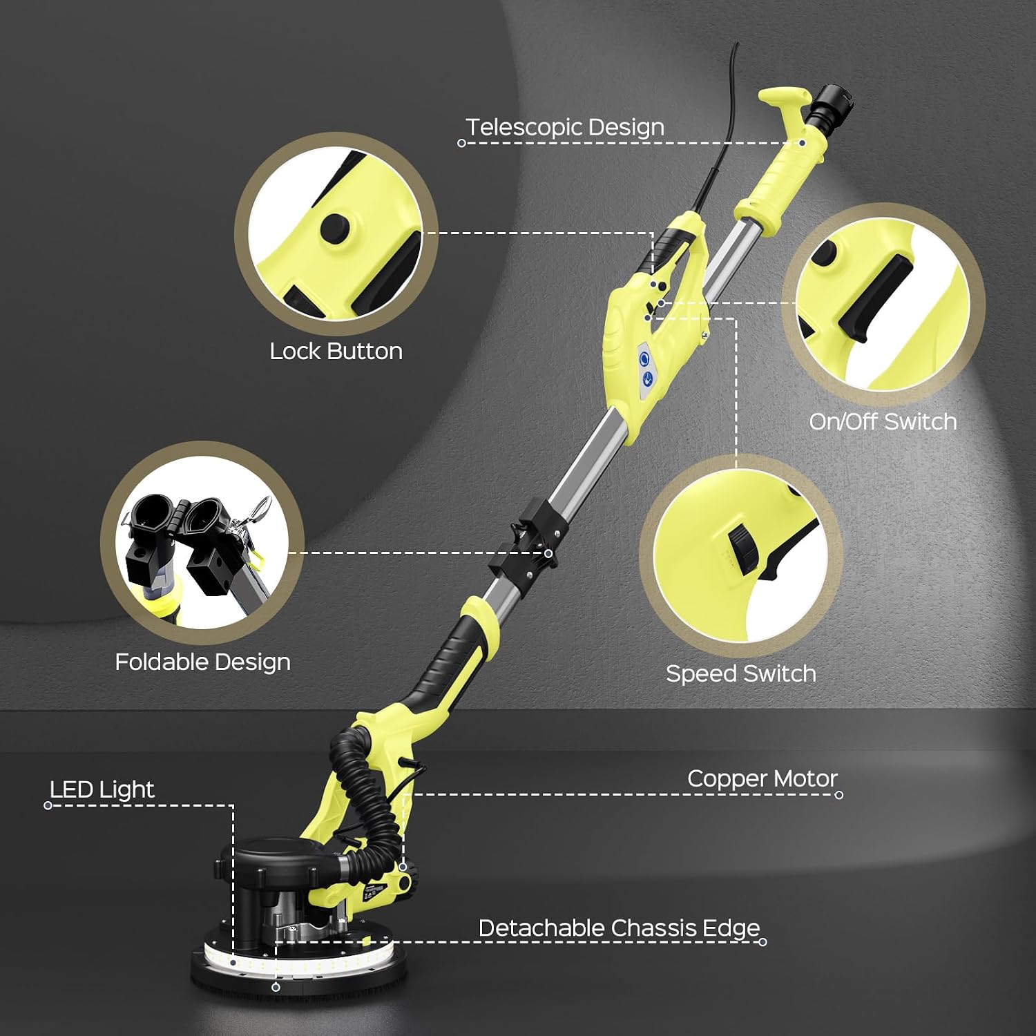 Drywall Sander, Popcorn Ceiling Removal Tool with 7 Variable Speed 800-1800RPM, 2026 Upgraded 8-Amp Drywall Sander with Vacuum Dust Collector with 12pcs Sanding Discs, Extendable Handle, LED Light