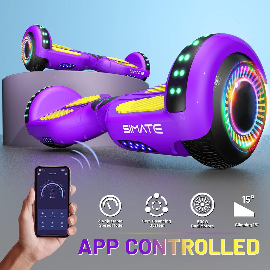 SIMATE Hoverboard, Bluetooth All Terrain Hover Boards with LED Lights and APP Control, Gifts for Kids Adults Girls Boys, for All Ages