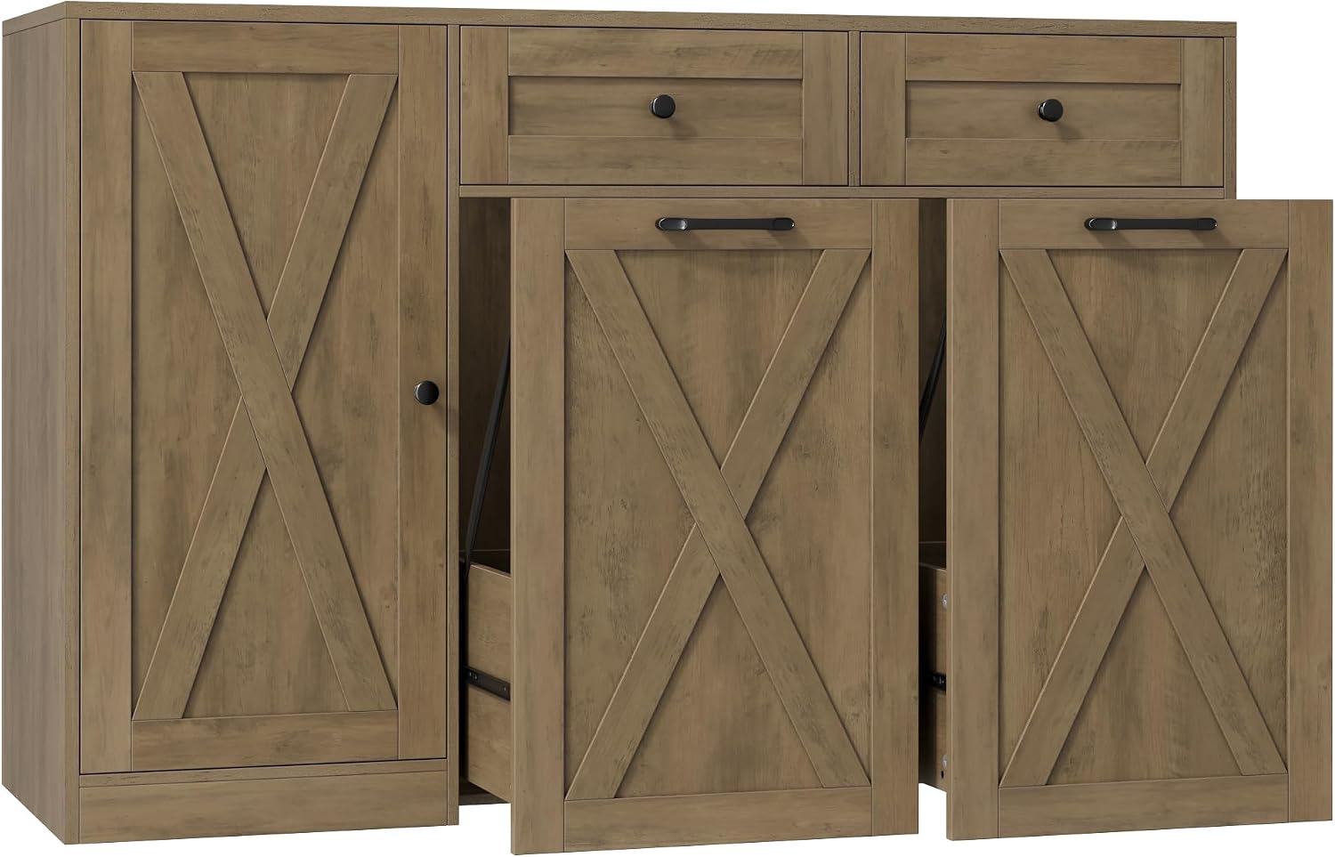 HOSTACK 12.5 Gallon Kitchen Trash Cabinet, 47' Double Trash Can Cabinet, Large Pull Out Can Storage Drawers, Wood Farmhouse Hidden Garbage Storage Buffet for Kitchen, Dining Room, Rustic Brown