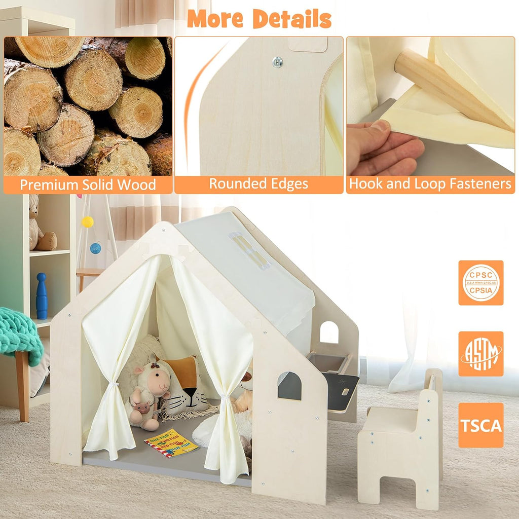Costzon Kids Tent, 6-in-1 Wooden Frame Play House with Table and Chair Set, Blackboard, Side Storage Bag & Soft Floor Mat, Indoor Playhouse for Boys Girls Aged 2-6 Years Old
