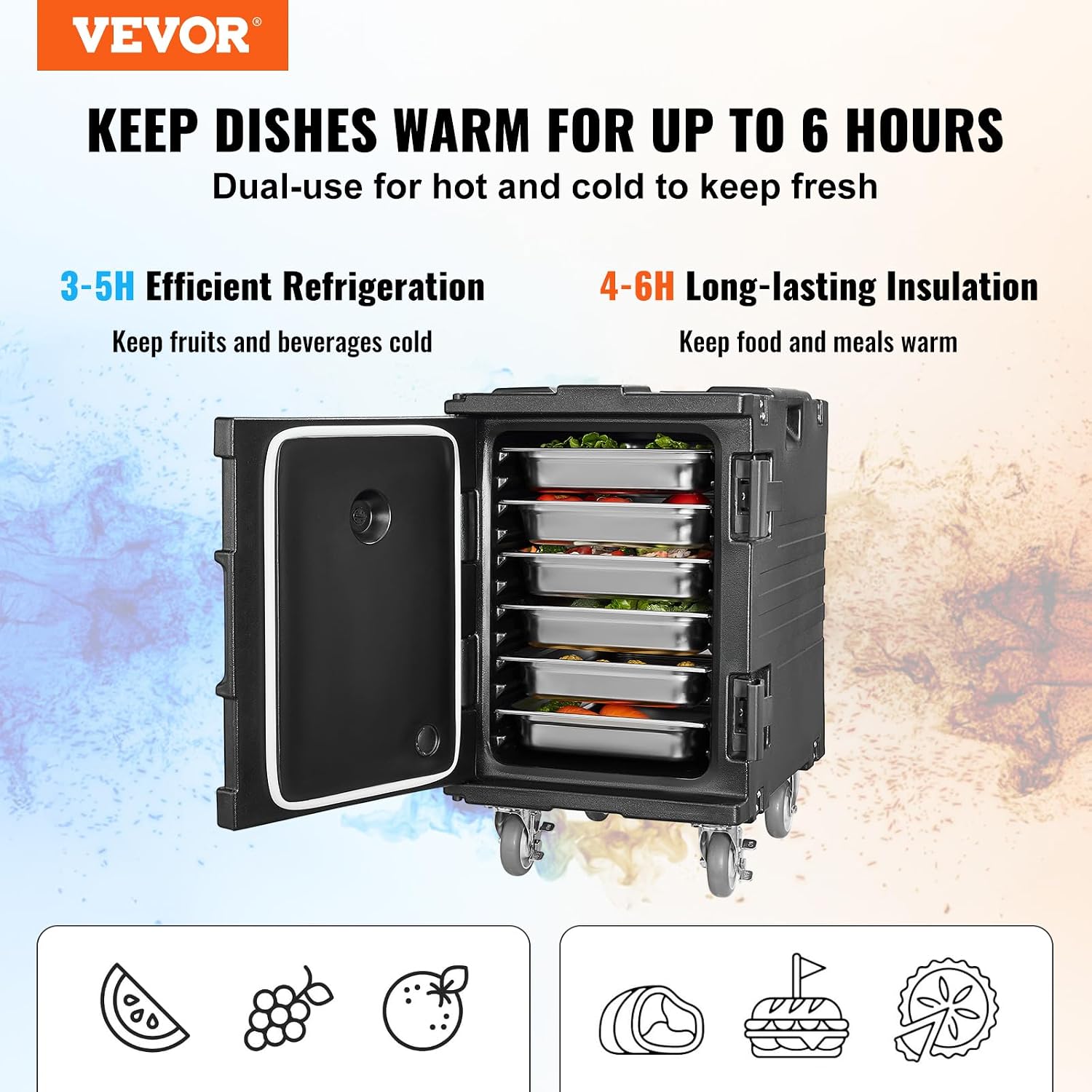 VEVOR Insulated Food Pan Carrier, 95 Qt Hot Box for Catering, LLDPE Food Box Carrier w/One-Piece Buckle, Front Loading Food Warmer w/Handles, End Loader w/Wheels for Restaurant, Canteen, etc. Black