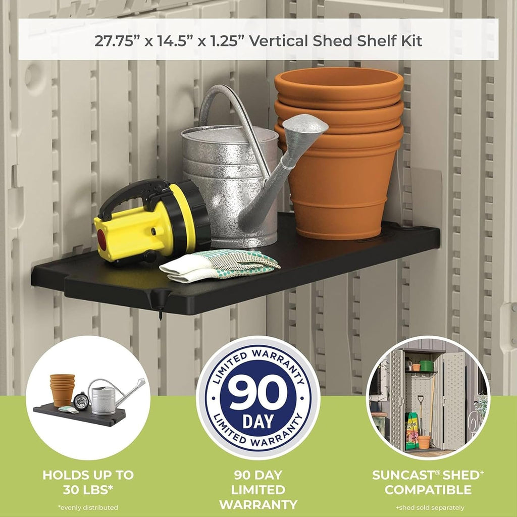 Suncast 6 Pack Vertical Shed Shelf Kit, Space Saving Shelving for Wall Mount Outdoor Storage Structures, 27.75' W x 14.5' D x 1.25' H, Black