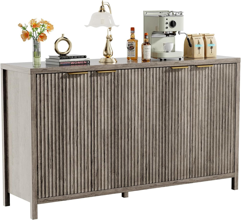 Fluted Sideboard Buffet Cabinet, 55' Large Storage Buffet Cabinet with 4 Doors and Adjustable Shelves, Modern Sideboard Console Table for Living Room,Entryway,Dinning Room,Kitchen-Grey