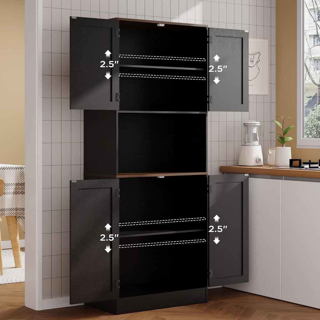 MHOM 71' Tall Pantry Cabinet with Charging Station, Farmhouse Kitchen Hutch with Adjustable Shelves, Modern Kitchen Pantry Storage Cabinet for Dinning Room & Living Room, Antique Black