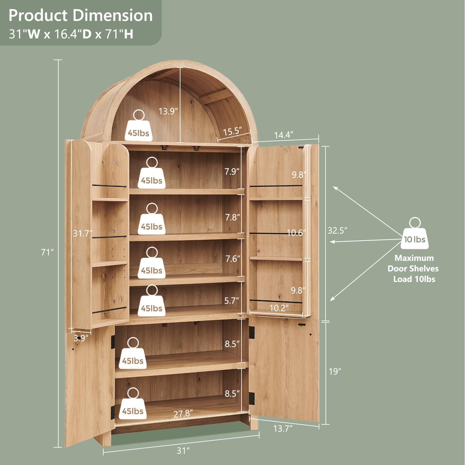 IFBUY 71' Tall Arched Bathroom Storage Cabinet, Modern Fluted Storage Cabinet w/Doors, 3 Adjustable Shelves, 6 Door Shelves, Wood Freestanding Cabinet for Bathroom, Entryway, Hallway, Natural