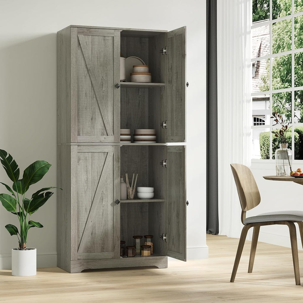 Kitchen Pantry Cabinet Set of 3, 72' Tall Farmhouse Storage Cabinet with 4 Barn Doors and Adjustable Shelves, Versatile Storage for Kitchen, Living Room, Grey