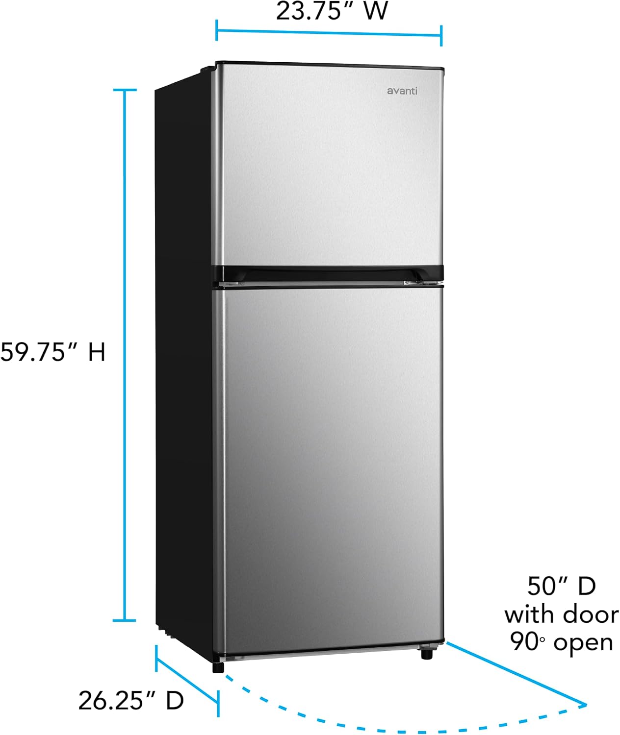 Avanti Apartment Size Refrigerator Frost-Free Defrost with Top Freezer Adjustable Glass Shelves LED Lighting Reversible Door 10.0 Cu. Ft., in Stainless Steel