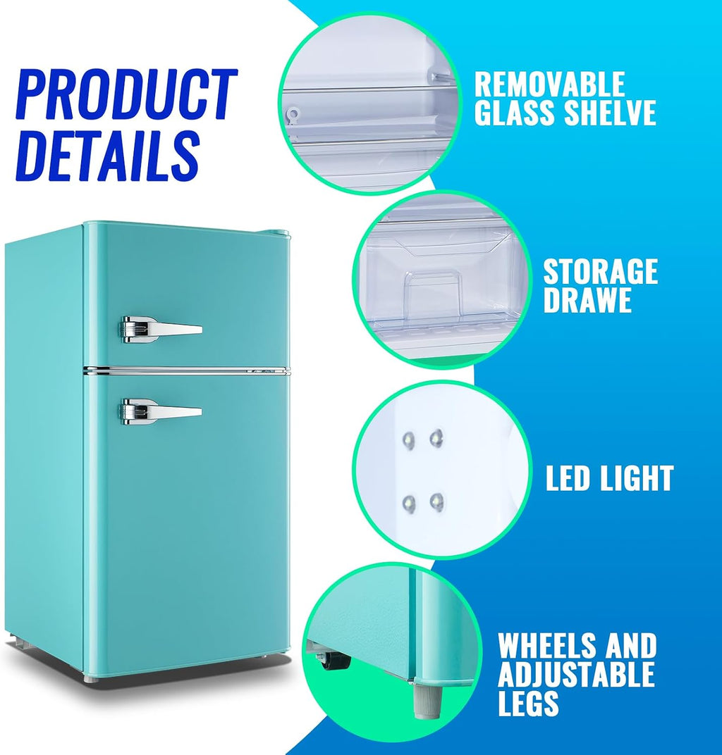 Small Refrigerator with Freezer Double Door Mini Fridge Adjustable Glass Shelves, Detachable Handle,7 Level Temperature Control Fridge for Dorm, Office, Apartment Blue