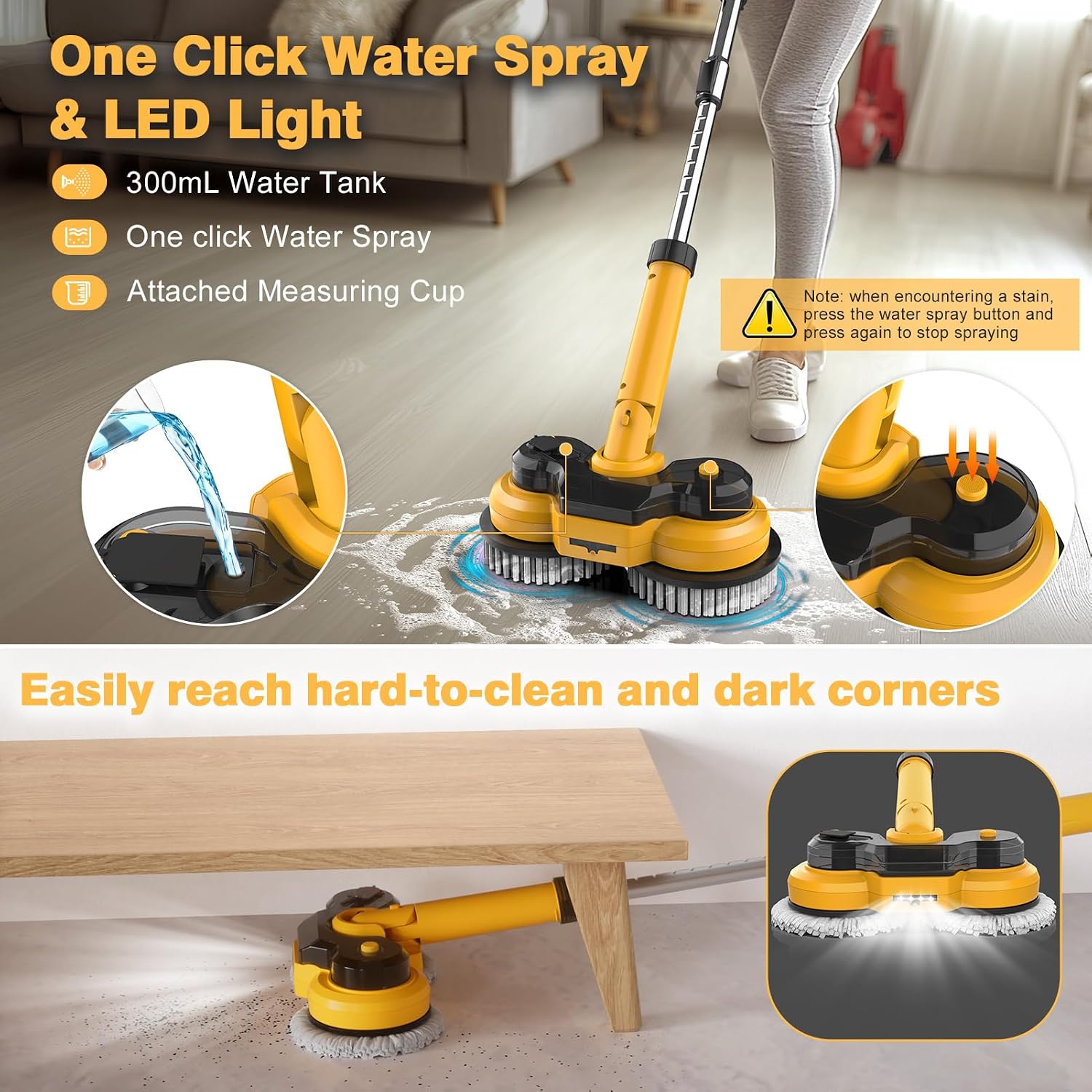 Cordless Electric Mop for Dewalt 20V Battery (NO Battery), 2 in 1 Spin Mop & Floor Scrubber Machine with LED Light & Water Spray, 800 RPM Electric Mops for Floor Cleaning, Hardwood,Tile
