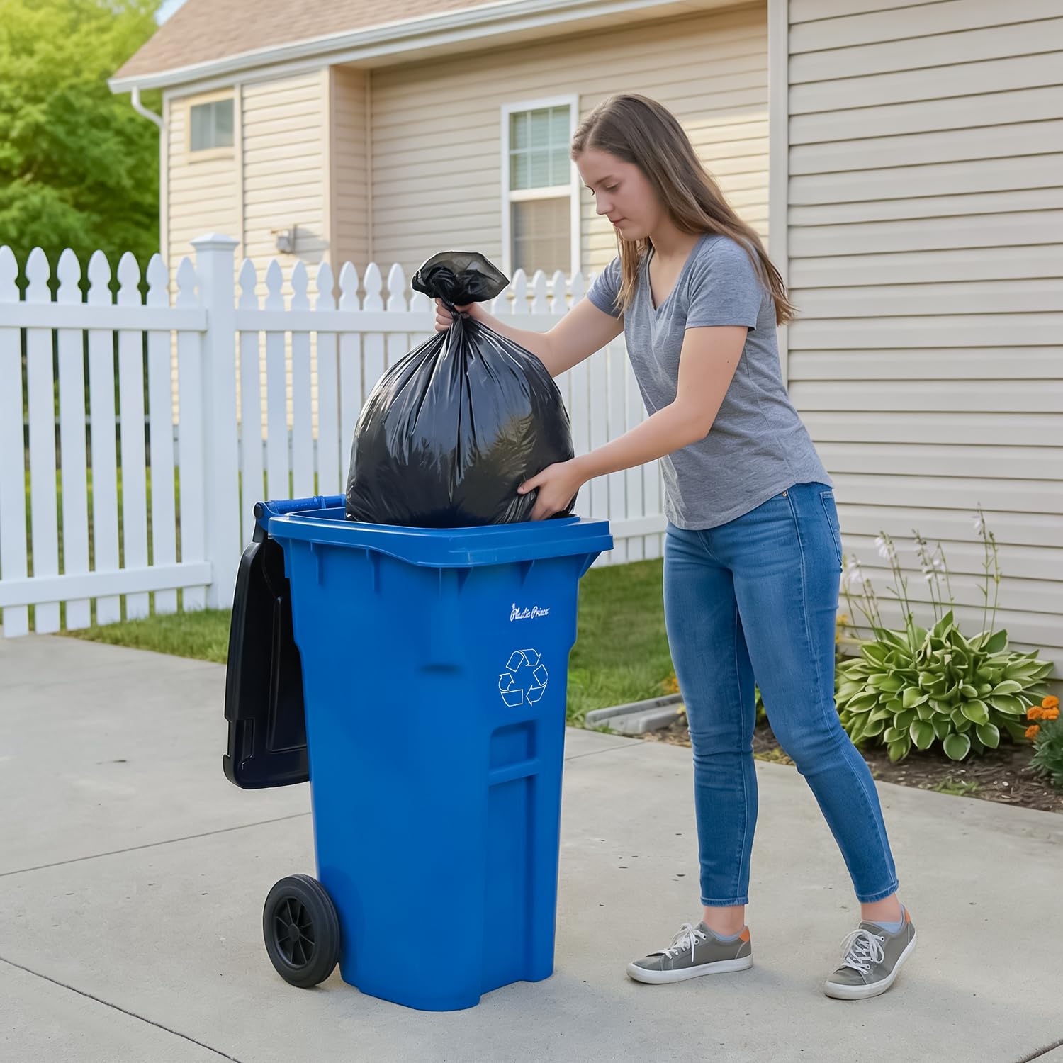 PLASTIC PRINCE 32 Gallon Trash Can Outdoor Recycling Bin with Lid and Wheels Heavy Duty Rolling Garbage Can with Lid Blue Recycle Bin with Wheels for Warehouses Hospitals Restaurants, Pack of 2