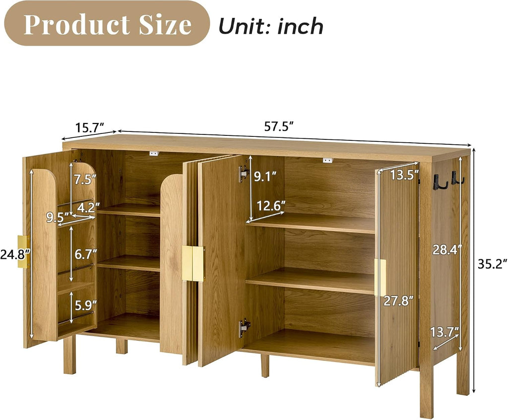 Virubi 57.5' Sideboard Buffet Cabinet with Storage,Wooden Sideboard Cabinet with Back-of-Door Storage Racks & Side Hooks,Adjustable Shelves for Living Room,Dining Room,Natural