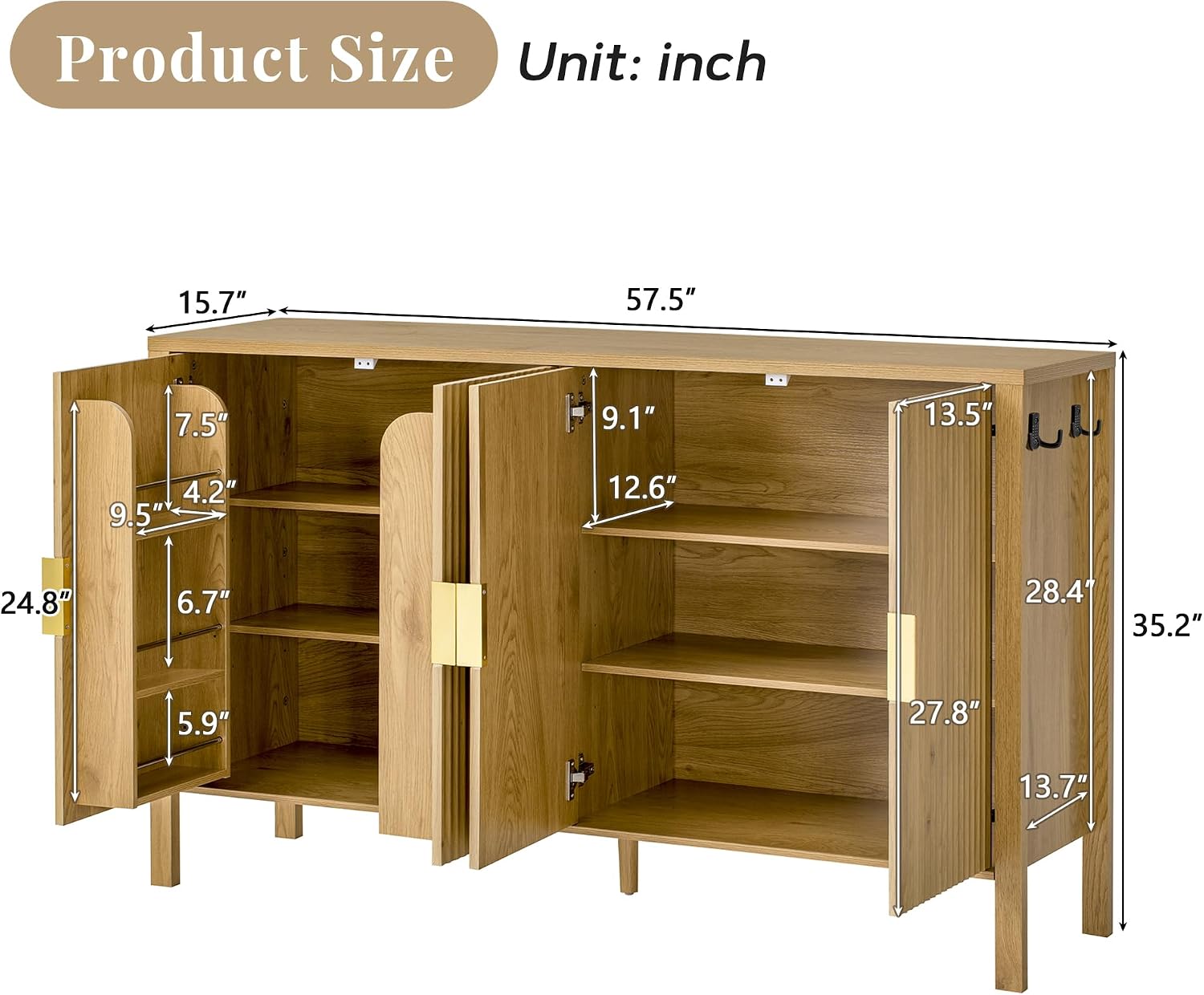 Virubi 57.5' Sideboard Buffet Cabinet with Storage,Wooden Sideboard Cabinet with Back-of-Door Storage Racks & Side Hooks,Adjustable Shelves for Living Room,Dining Room,Natural