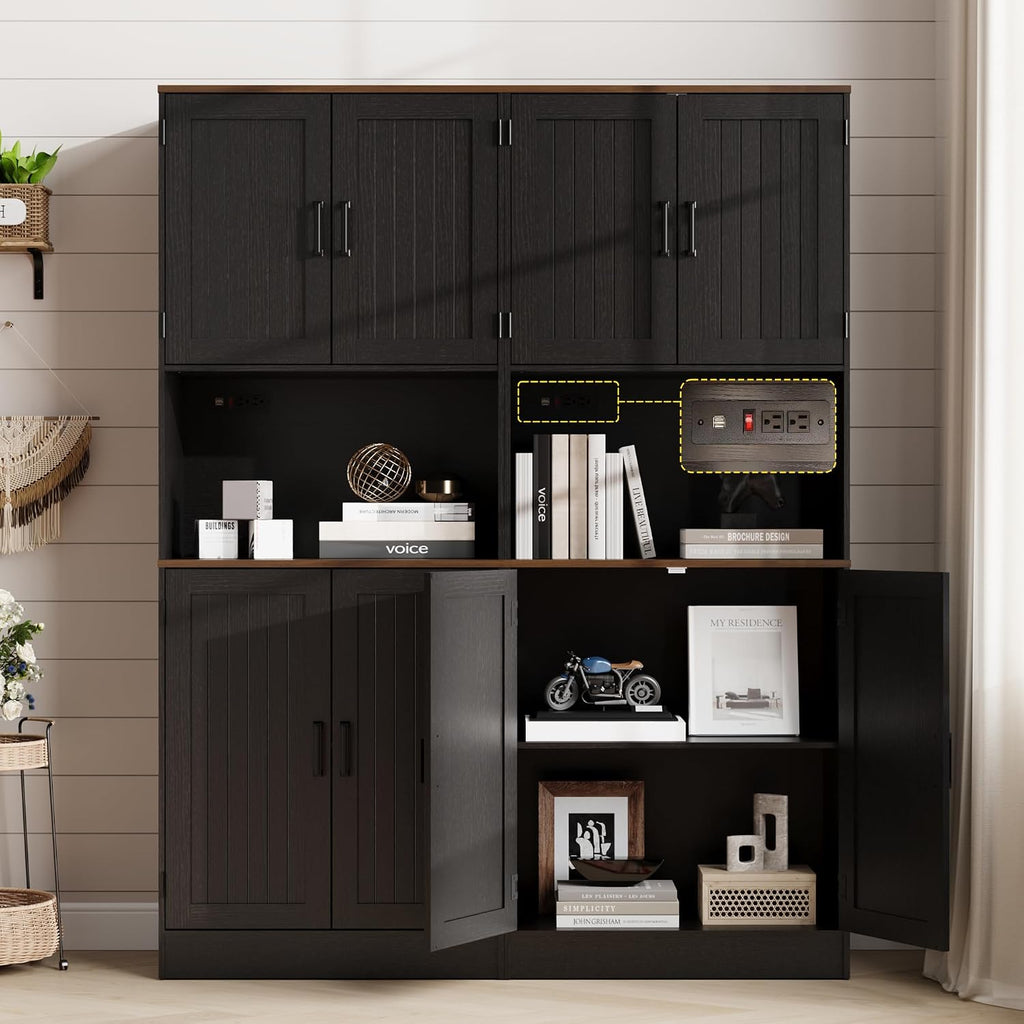 MHOM 71' Tall Pantry Cabinet with Charging Station, Farmhouse Kitchen Hutch with Adjustable Shelves, Modern Kitchen Pantry Storage Cabinet for Dinning Room & Living Room, Antique Black