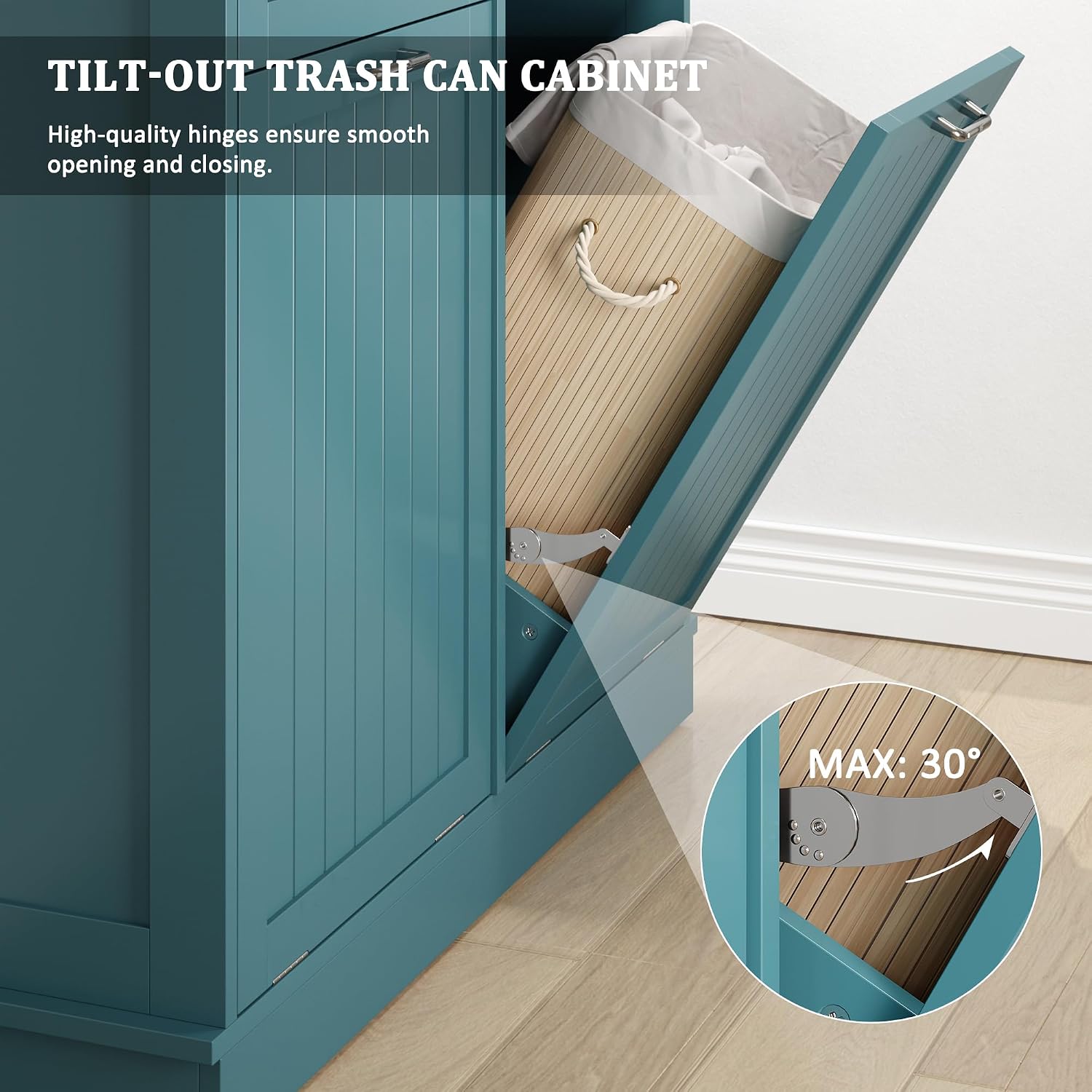 KIGOTY Double Tilt Out Trash Can Cabinet, 20 Gallon Hidden Trash Storage Cabinet with 2 Hideaway Drawers, Freestanding Trash Can for Kitchen, Wooden Laundry Hamper Cabinet, Pet Proof (Lake Blue)