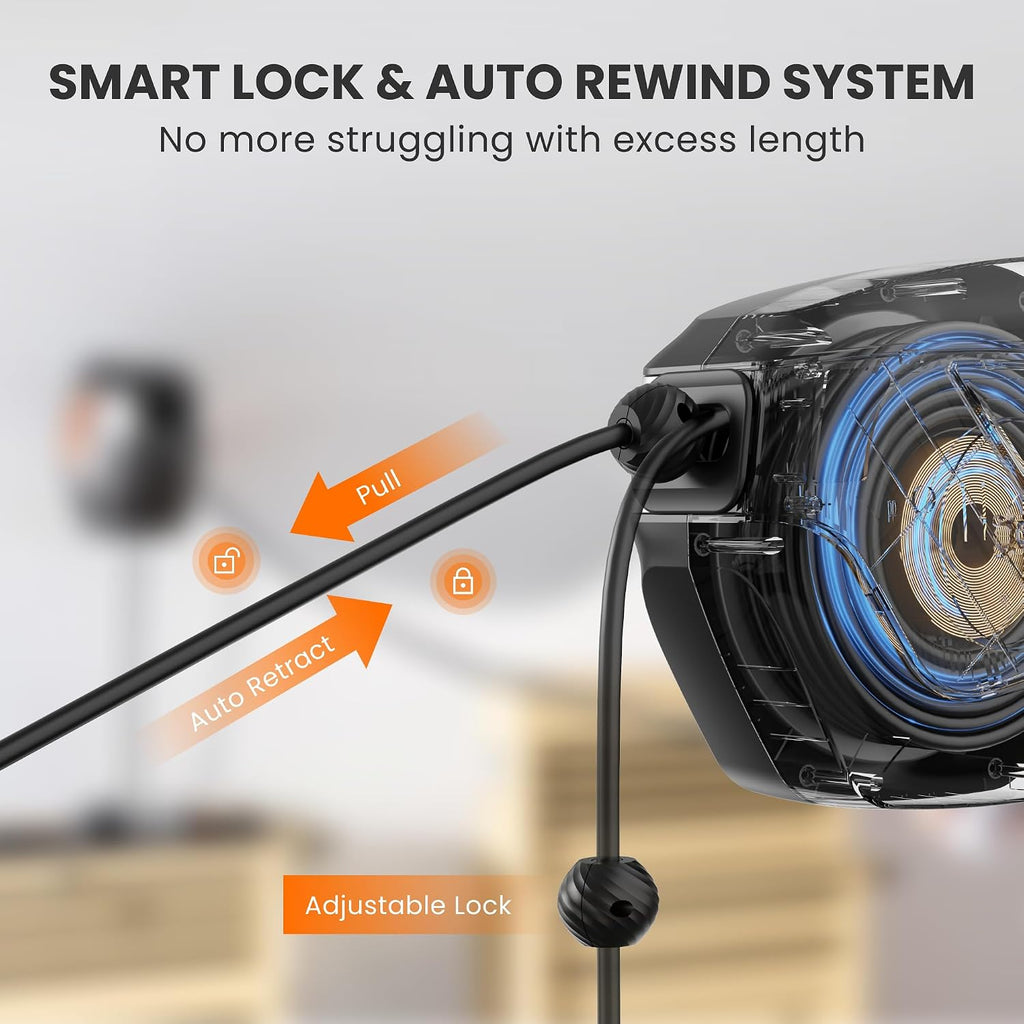 Giraffe Tools Retractable Power Cord Reel, 50ft 12AWG/3C SJT Heavy Duty Extension Cord Storage Reel Wall/Ceiling Mount for Garage with Lighted Triple Tap
