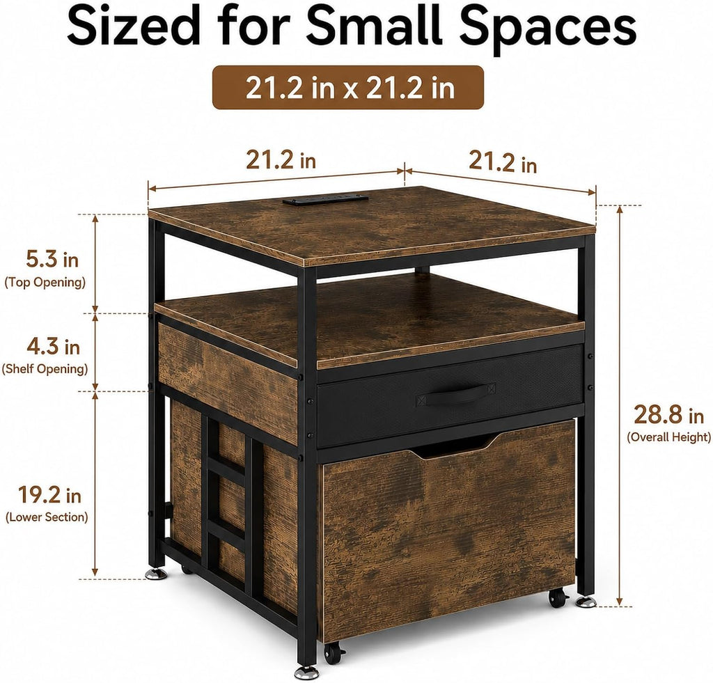 Mini Fridge Stand with Storage Drawer for Dorm Room, 220 lb Heavy Duty Refrigerator Stand with Power Outlet and Pull-Out Basket, Small Fridge Table for Apartment, office, Kitchen, Retro Brown