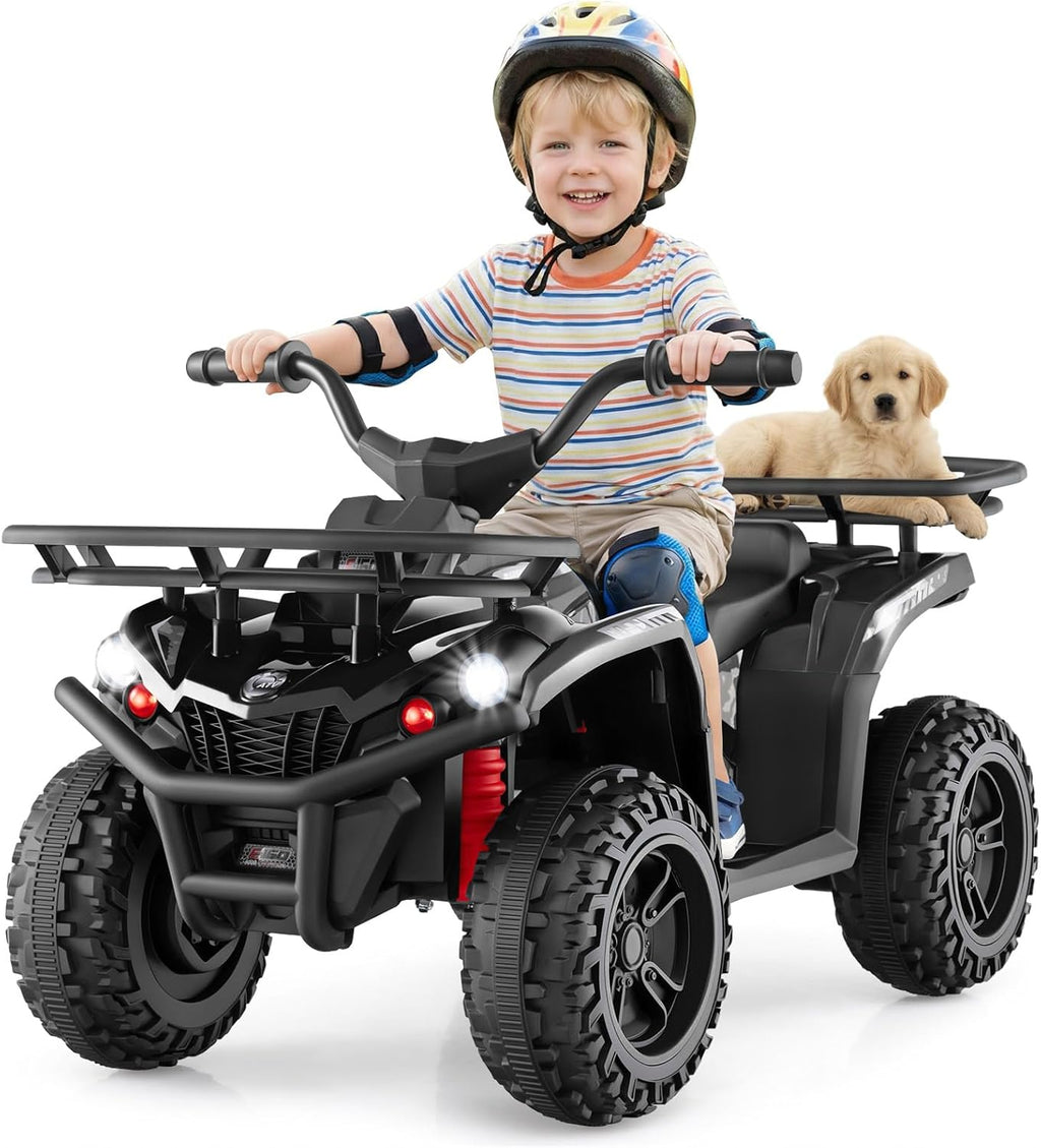 OLAKIDS 12V Kids ATV Quad with 2 Speeds, Spring Suspension, LED Lights, Music & Story Player, Big Tires, 2 Storage Spaces, Ride On Car for Boys Girls Ages 3+ (12V, Black)