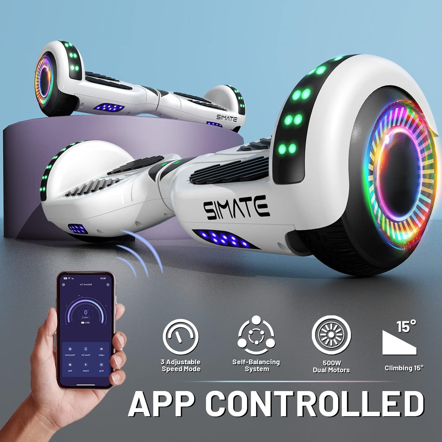 SIMATE Hoverboard, Bluetooth All Terrain Hover Boards with LED Lights and APP Control, Gifts for Kids Adults Girls Boys, for All Ages