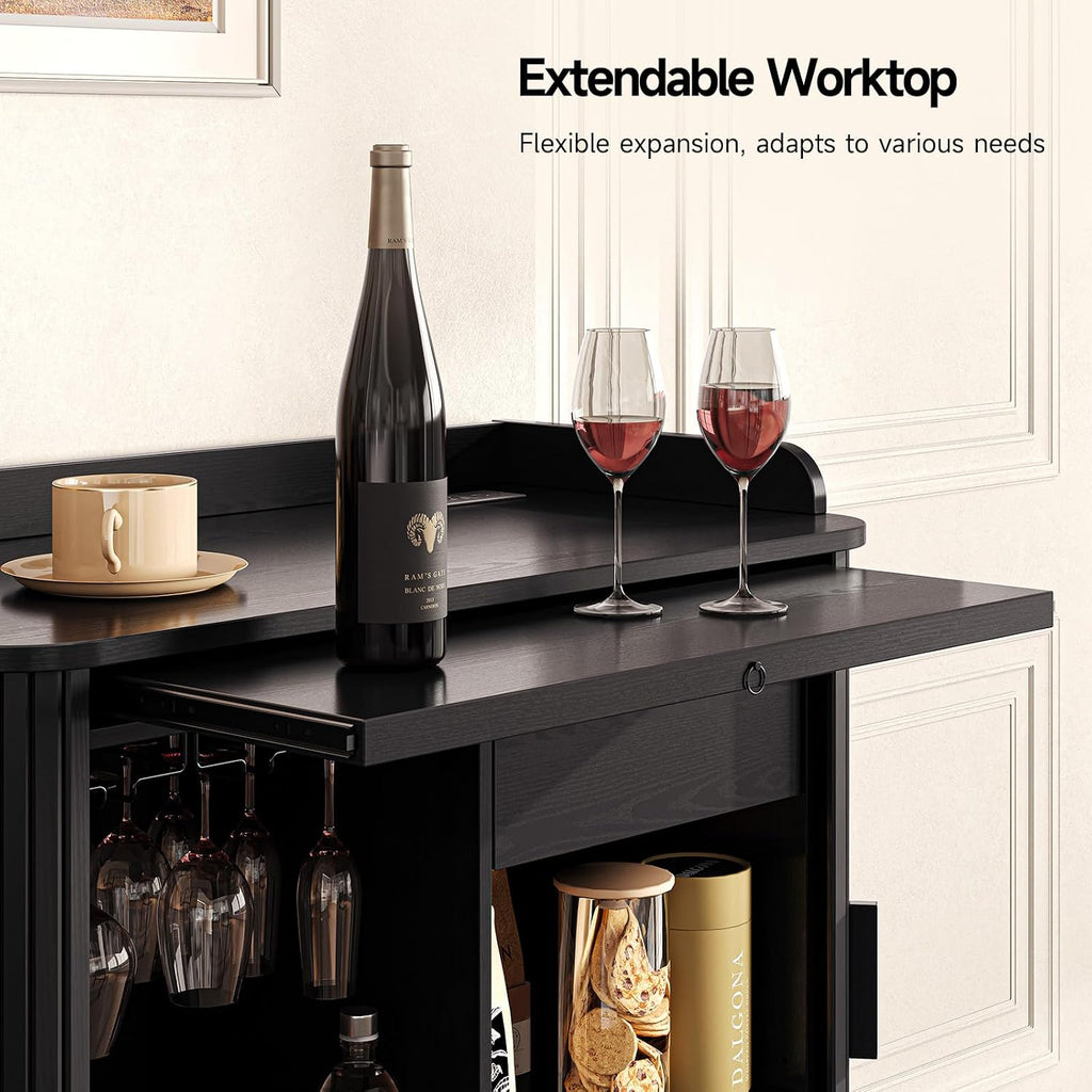 ONBRILL Fluted Bar Cabinet, Mid Century Modern Coffee Bar Cabinet, Wine Cabinet with Storage, Liquor Cabinet with Charging Station and Wine Racks Glass Holder for Home Living Room Kitchen Black