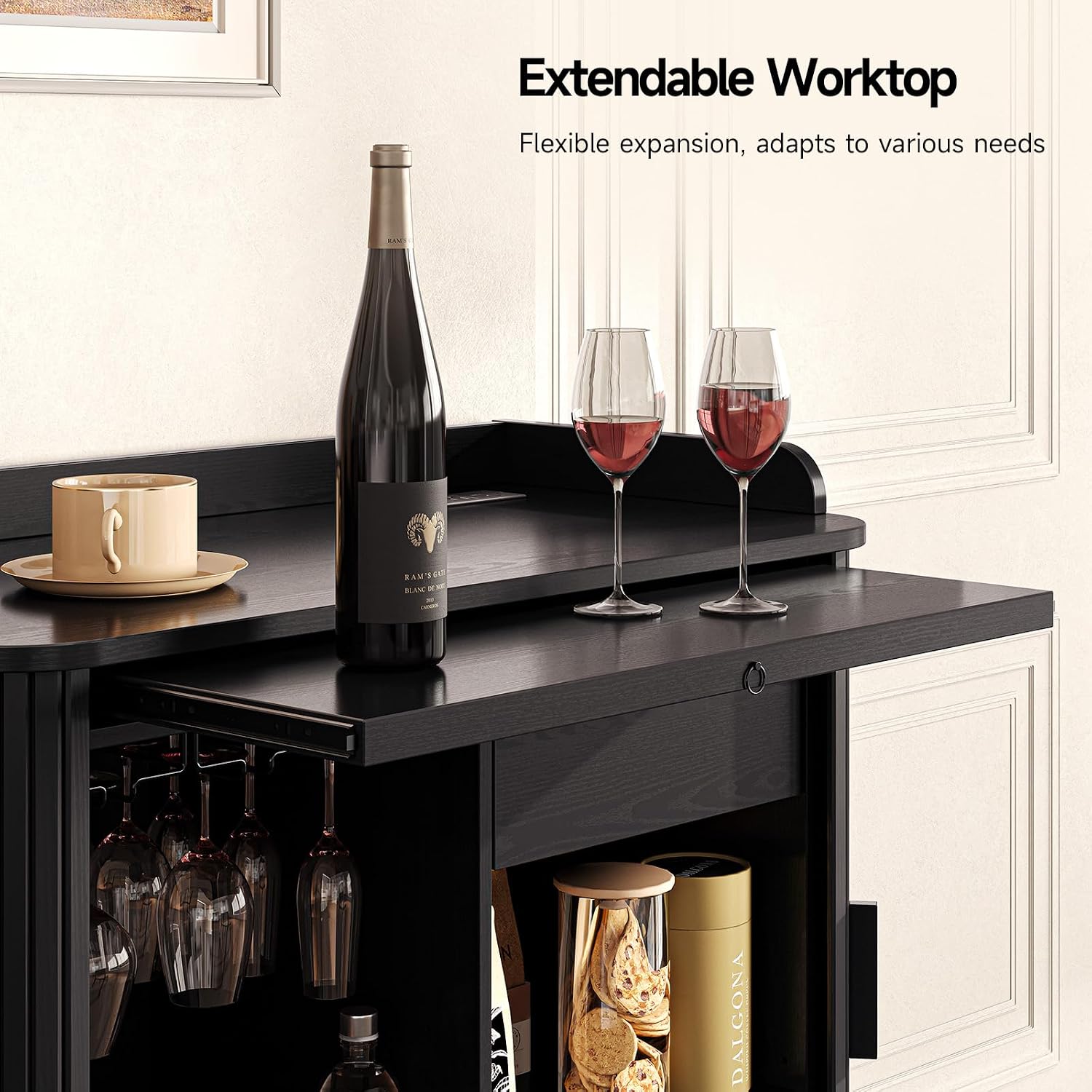 ONBRILL Fluted Bar Cabinet, Mid Century Modern Coffee Bar Cabinet, Wine Cabinet with Storage, Liquor Cabinet with Charging Station and Wine Racks Glass Holder for Home Living Room Kitchen Black