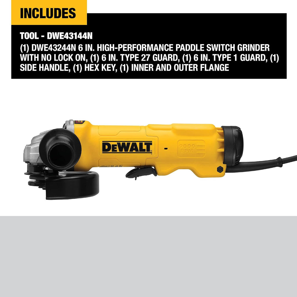 DEWALT Angle Grinder Tool, 6-Inch, Paddle Switch with No Lock-On, 13-Amp (DWE43144N), Yellow