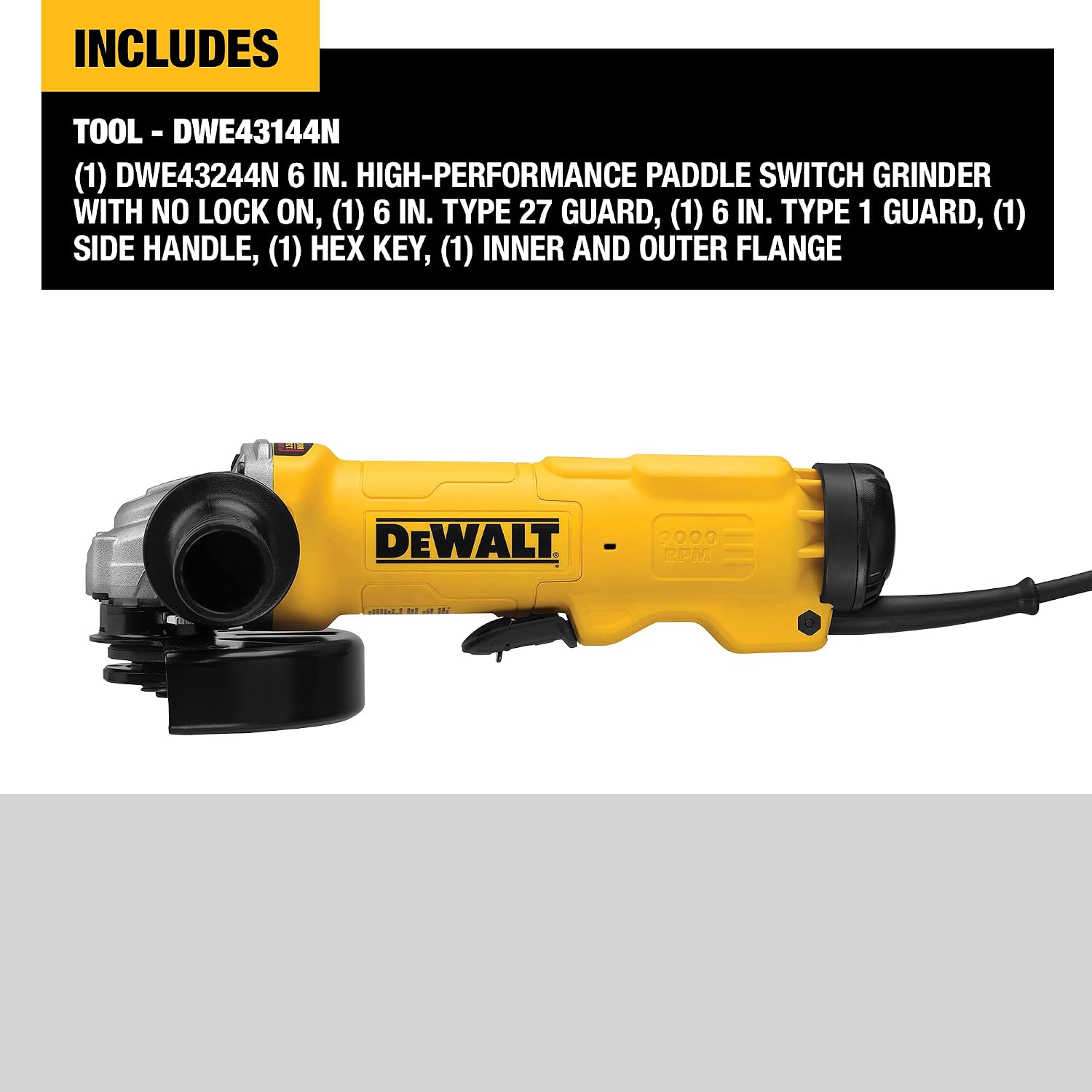 DEWALT Angle Grinder Tool, 6-Inch, Paddle Switch with No Lock-On, 13-Amp (DWE43144N), Yellow
