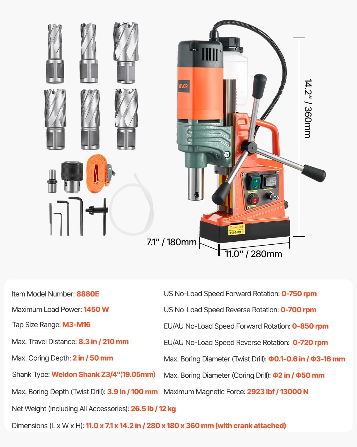 VEVOR Magnetic Drill, 1450W Motor 2 in Coring Diameter, 2922 lbf Magnetic Force, Portable Electric Mag Drill Press with 6 Coring Bits, Variable Speed, Drilling Machine for Metal Surface, Industrial