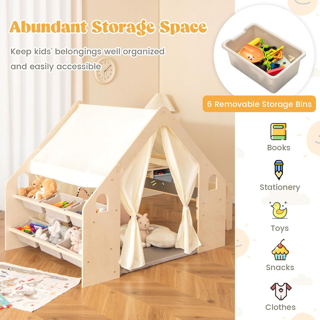Costzon Large Kids Tent, 6-in-1 Wooden Frame Play House with Table and Chair Set, Blackboard, 6 Storage Bins & Soft Floor Mat, Indoor Playhouse for Boys Girls Aged 2-6 Years Old