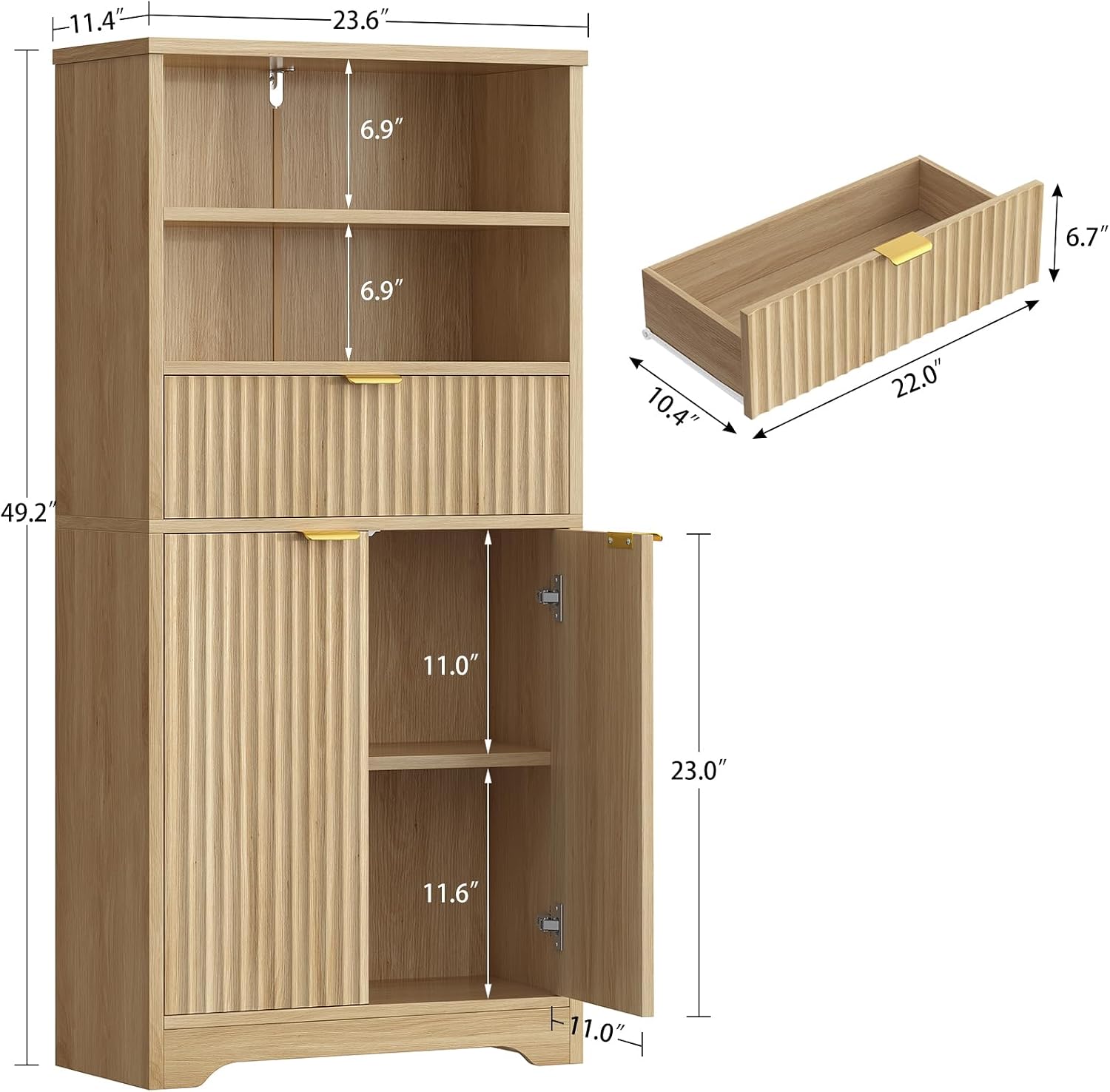TEENFON Tall Storage Cabinet with Adjustable Shelf & Drawer, Fluted Cabinet with Doors, Kitchen Pantry Cabinets, Bathroom Storage Cabinets, for Living Room, Entryway, Home Office, Natural