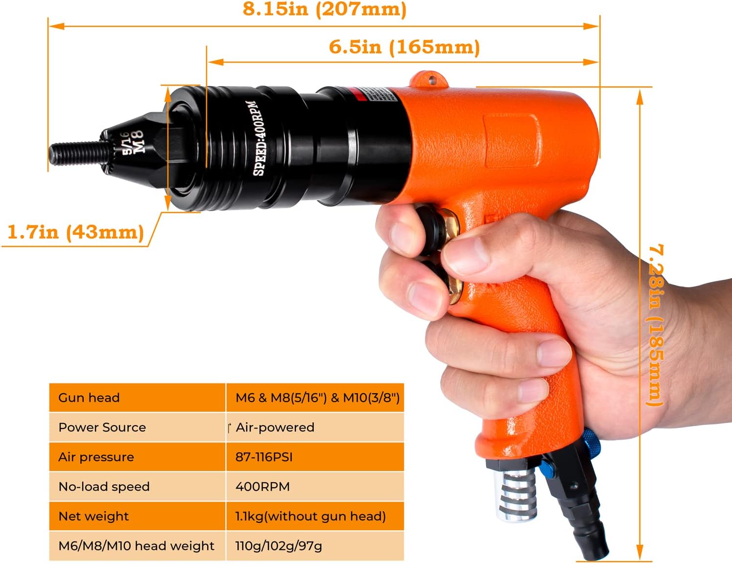 Metric Pneumatic Rivet Nut Tool Kit, Air Rivnut Gun with M6, M8 & M10 Mandrels