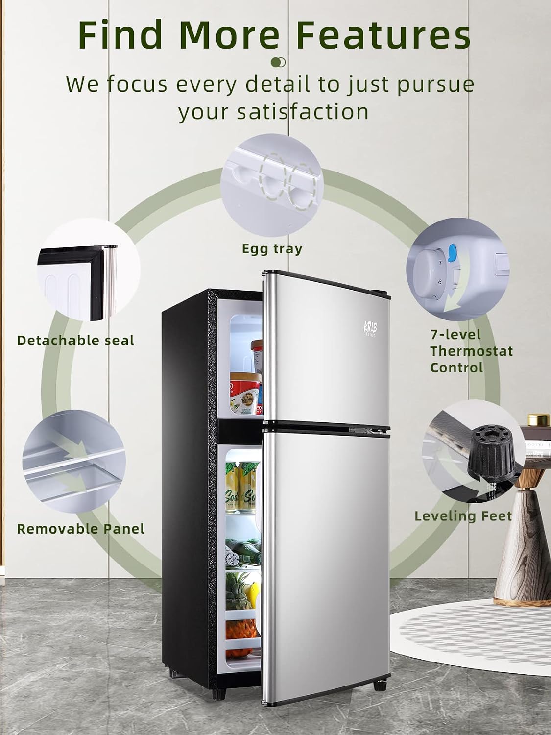 KRIB BLING 3.5 Cu.ft Refrigerators with Freezer, Fridge with 7 Level Temp Adjustable Thermostat, Fridge for Apartment, Office, Basement, Silver