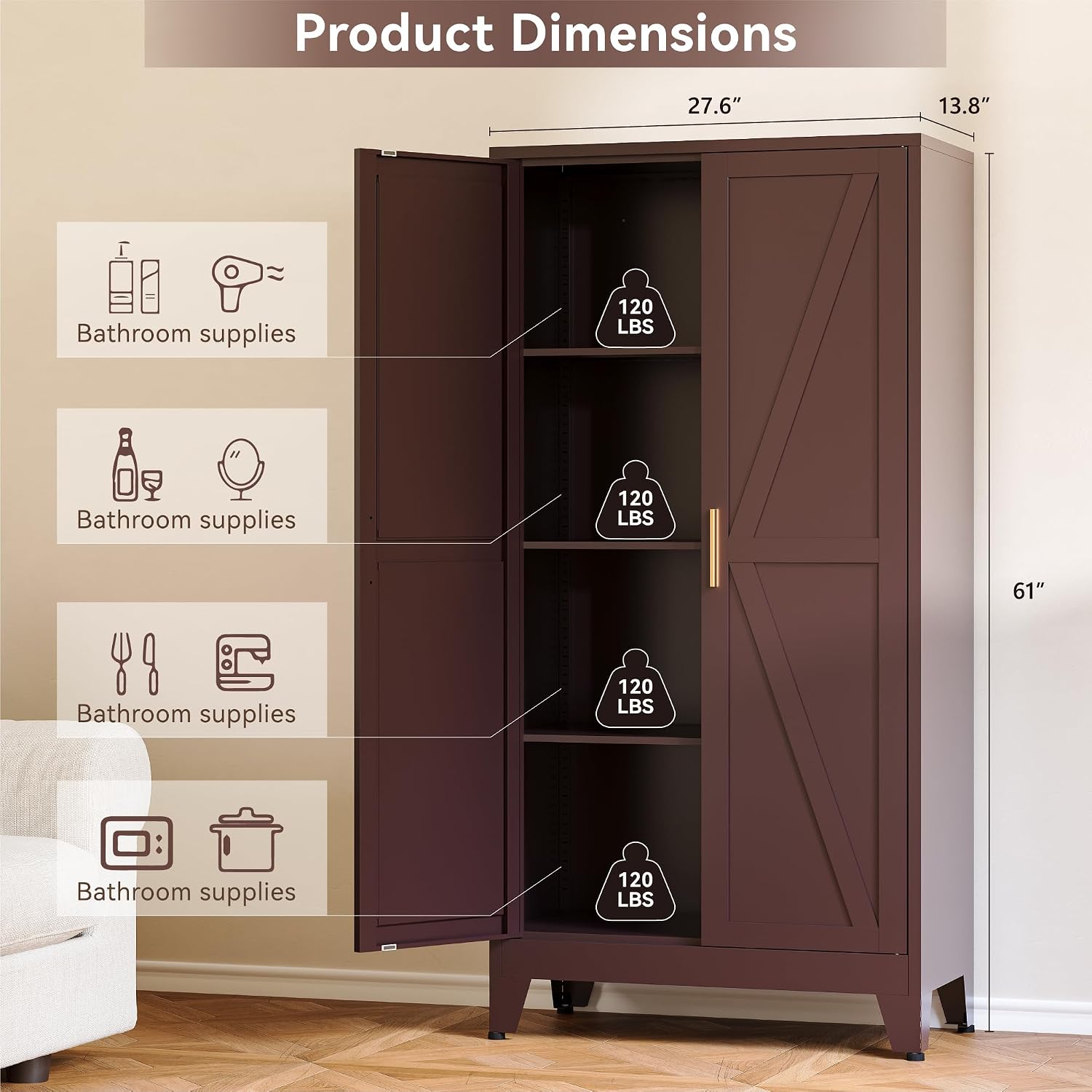 Baborokic 61H Metal Storage Cabinet with 2 Doors and Adjustable Shelves,Farmhouse Storage Cabinet with Barn Doors,Pantry Storage for Home,Office,Dining Room,Kitchen(Burgundy)