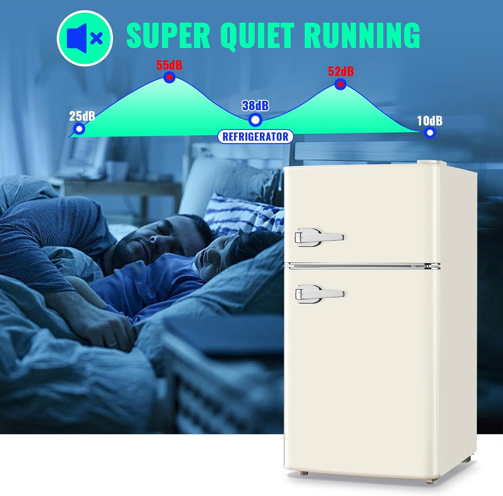 Mini Refrigerator with Freezer Small Fridge Double Door Side Drink Holder Adjustable Glass Shelves, Plastic Crisper, 7 Level Temperature Control for Bedroom, Office, Apartment White