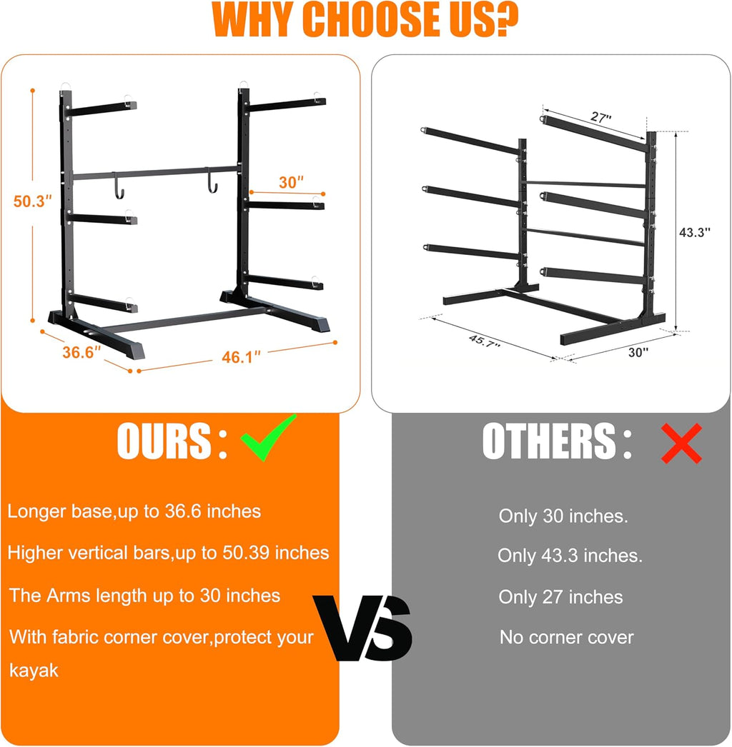TRUSOON Outdoor Freestanding Kayak Rack, Heavy Duty Kayak Stand for 3 Kayaks, Canoe, Surfboard, Paddle Board Storage, Hold up to 600lbs, Black