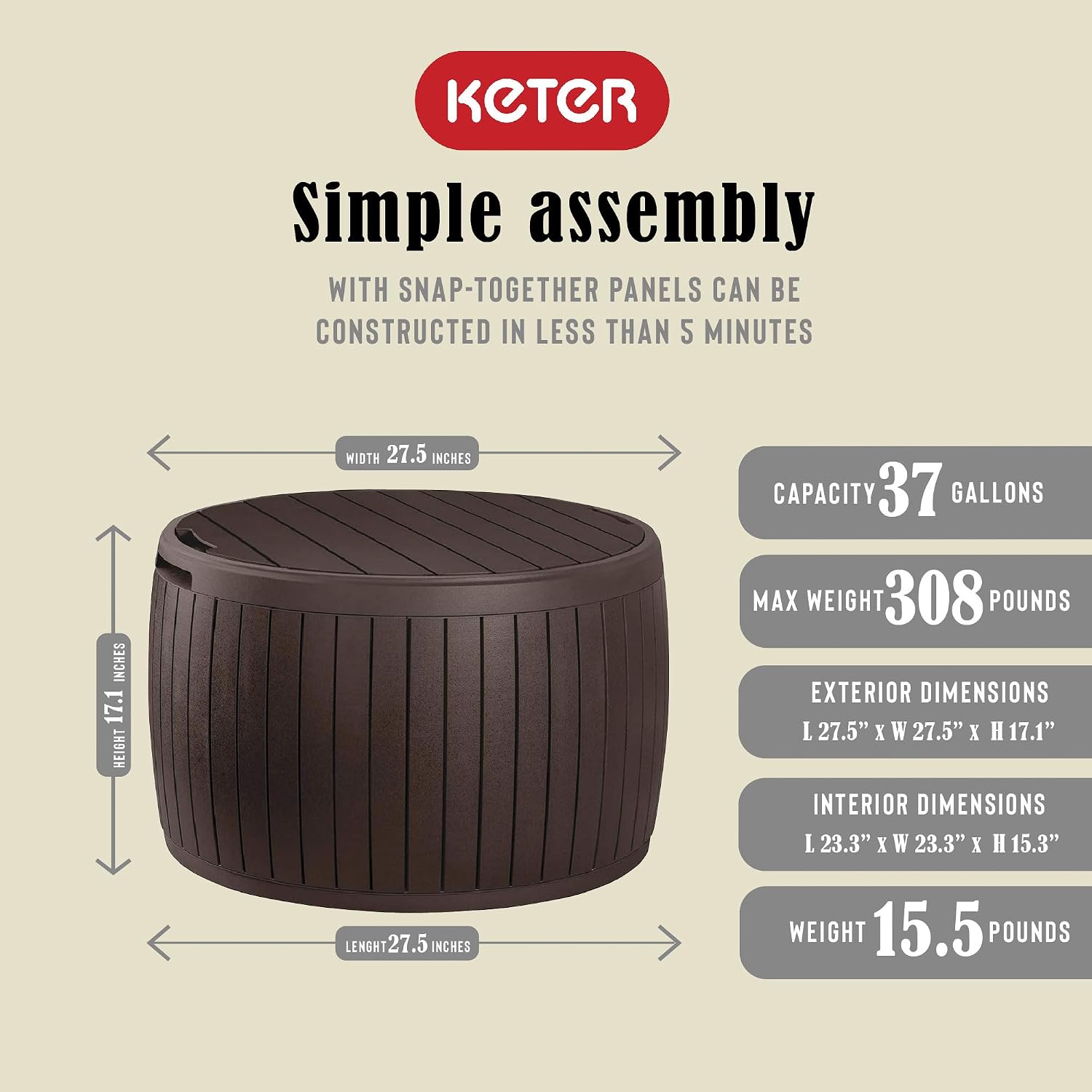 Keter Circa 37 Gal Round Patio Box Storage Table, Seating Bundled with Westwood 150 Gallon Plastic Outdoor Furniture Storage Deck Box, Brown