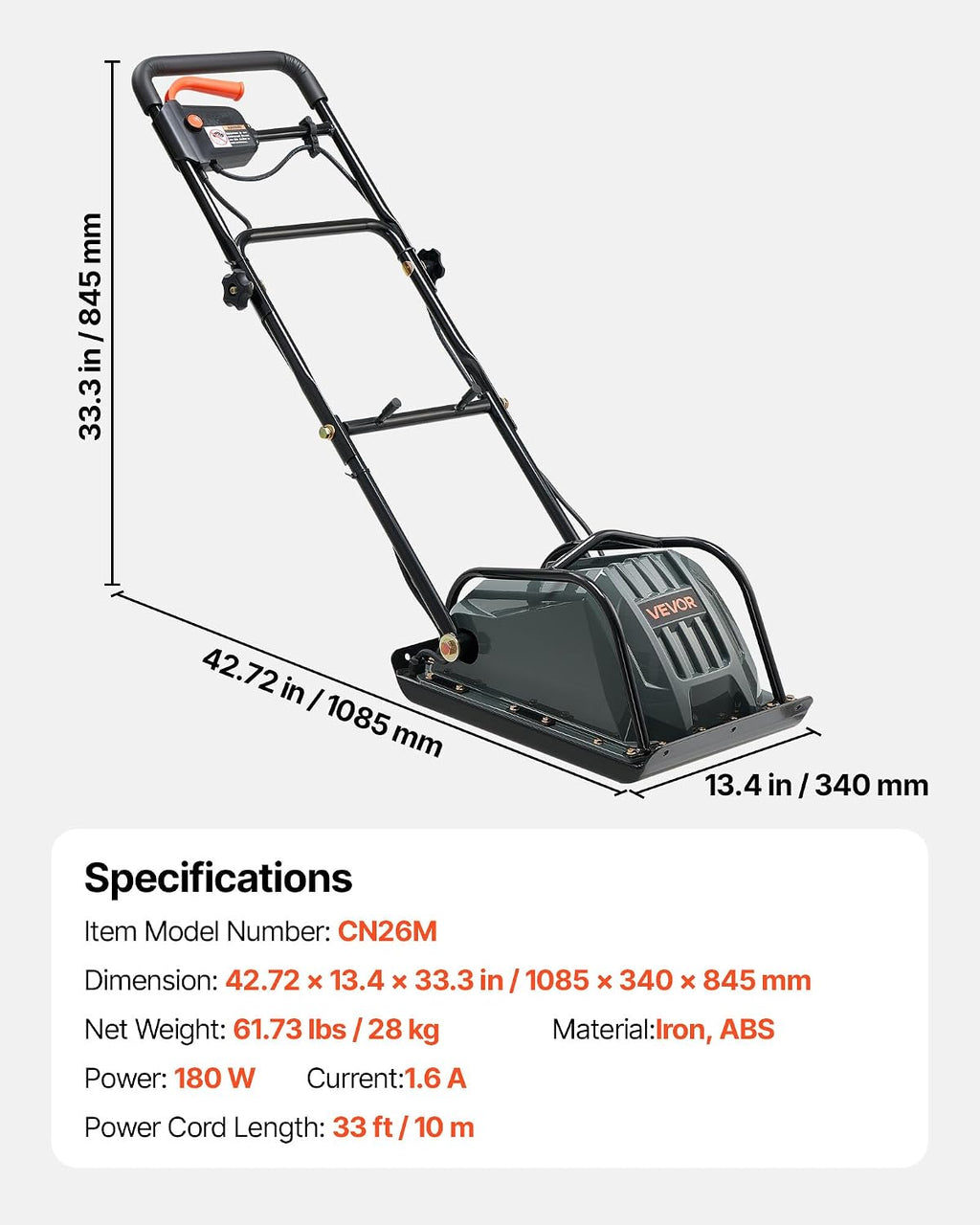 VEVOR Electric Plate Compactor, 130W Output Ground Rammer, 5 kN Force, 3.9 in Depth, 16 m/min Speed, 3304 sq.ft/h Efficiency, Gas Powered Soil Compaction Machine for Driveway, Pavement, Landscaping