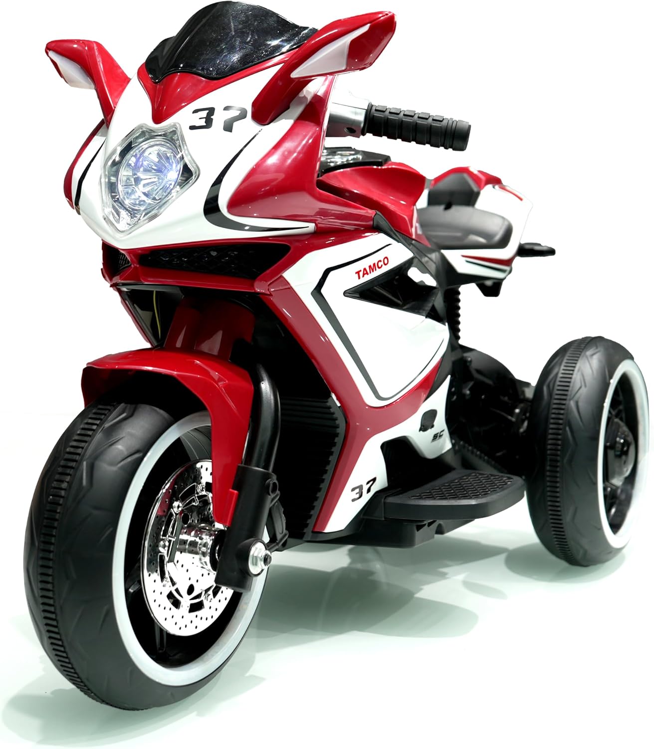 Ride on Motorcycle, Rechargeable Ride on Toys, Tamco Motorcycle for Kids 3 to 4 Years Boys Girls with Foot Pedal Starter, Music/Lights/Lighting Wheels (RED)