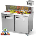 GarveeLife Commercial 48' Sandwich & Salad Prep Refrigerator - Stainless Steel Double Door Undercounter Fridge with 12 Food Pans, Cooling Counter, Cutting Board Worktop, Adjustable Shelf, 12.9 cu. ft