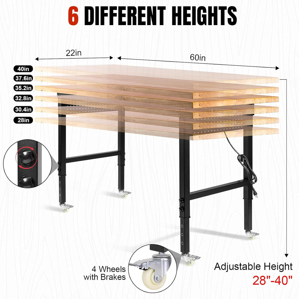 Height Adjustable Workbench with Wheels 60'×22' Heavy Duty Work Table 2000 LBS Capacity Rolling Work Table Rubber Wood Work Station with Power Outlet & Pegboard for Garage, Office, Workshop