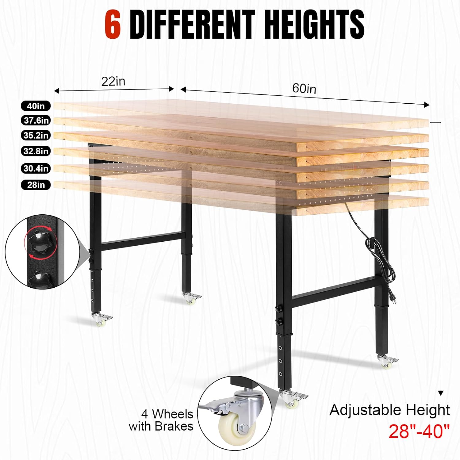 Height Adjustable Workbench with Wheels 60'×22' Heavy Duty Work Table 2000 LBS Capacity Rolling Work Table Rubber Wood Work Station with Power Outlet & Pegboard for Garage, Office, Workshop