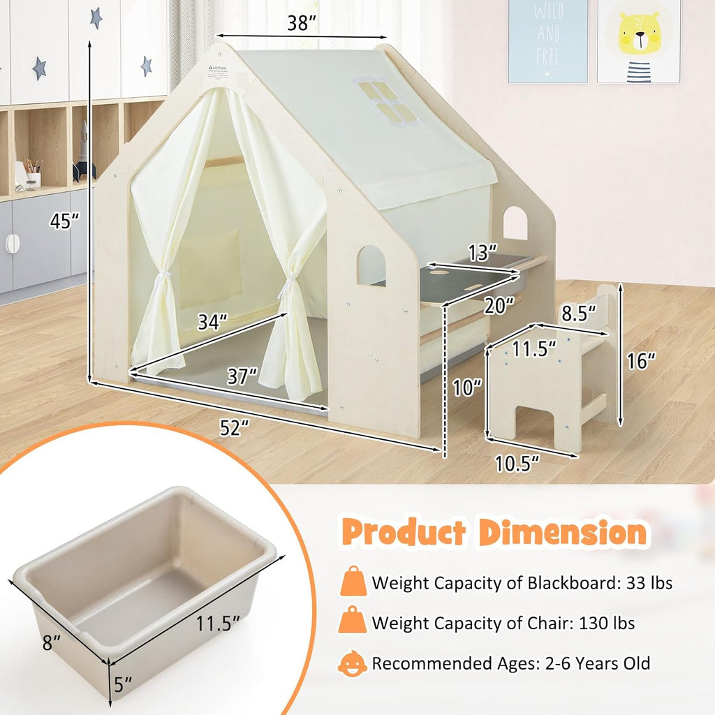 Costzon Kids Tent, 6-in-1 Wooden Frame Play House with Table and Chair Set, Blackboard, Side Storage Bag & Soft Floor Mat, Indoor Playhouse for Boys Girls Aged 2-6 Years Old
