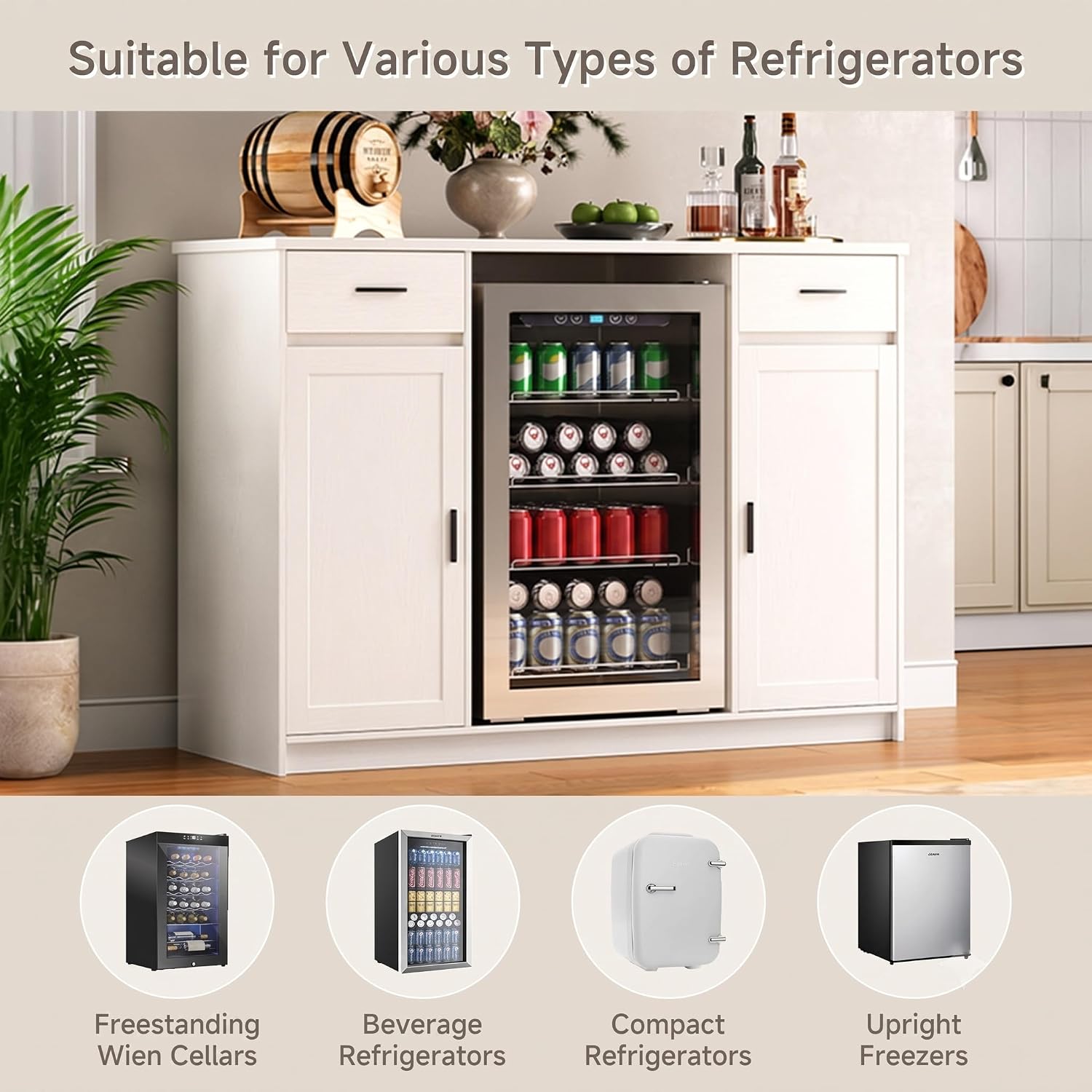 Herture Mini Fridge Cabinet,Coffee Bar Cabinet with Fridge Space & Wine Storage with Outlets,Fits 24' Fridge,Mini Fridge Stand,Buffet Sideboard Table Wine Cabinet for Kitchen Dining Room White KH04MRN