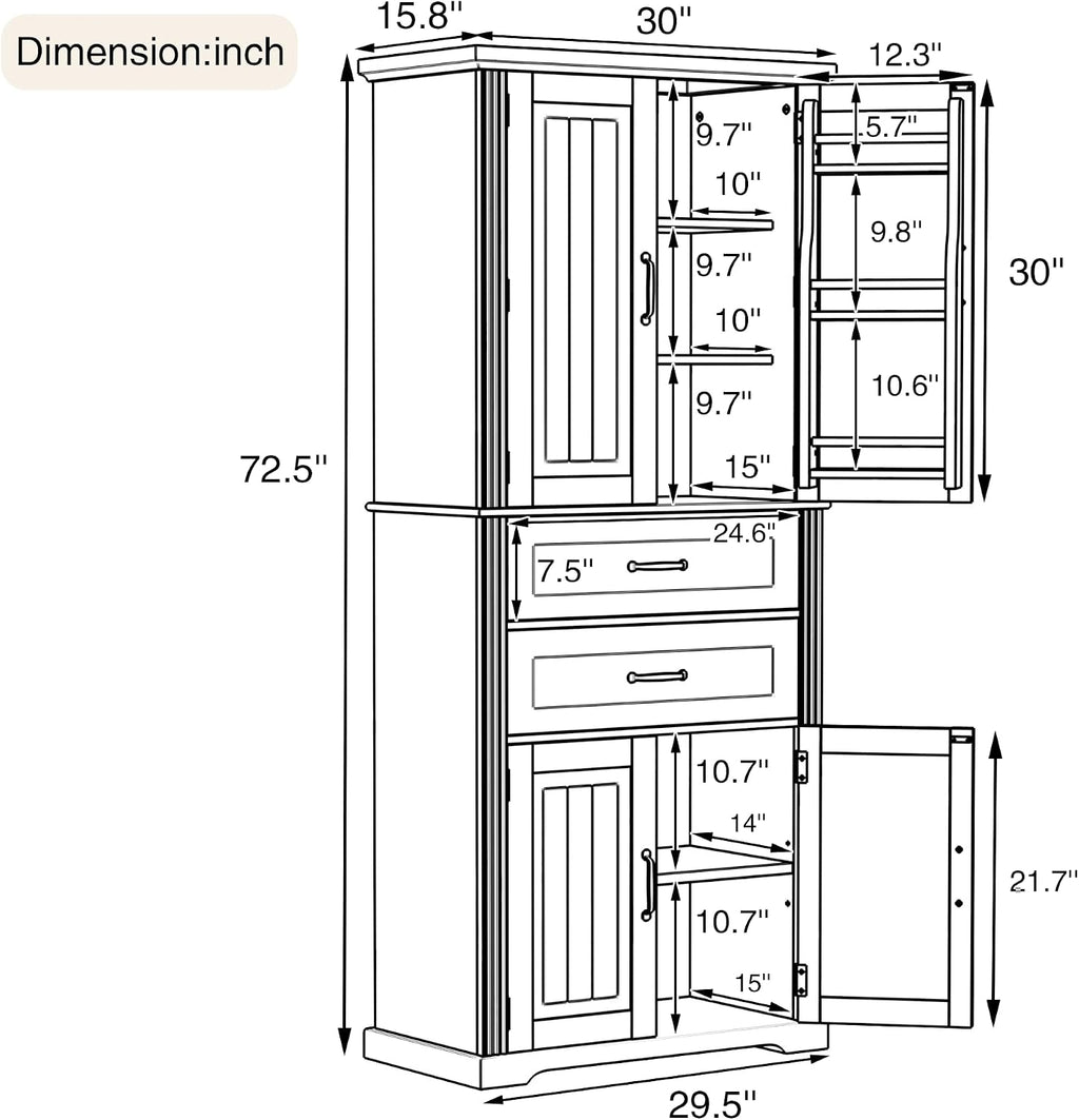 Storage Cabinet with 4 Doors and Drawers, 72.5' H Kitchen Cabinet with 6 Door Shelves, Kitchen Storage Cabinets with Adjustable Shelves for Living Room, Black