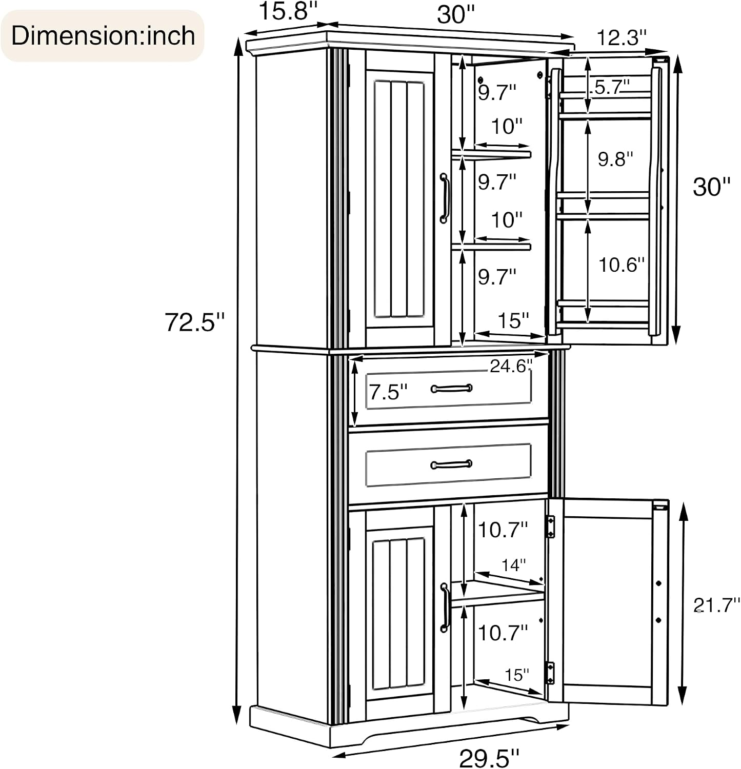 Storage Cabinet with 4 Doors and Drawers, 72.5' H Kitchen Cabinet with 6 Door Shelves, Kitchen Storage Cabinets with Adjustable Shelves for Living Room, Black