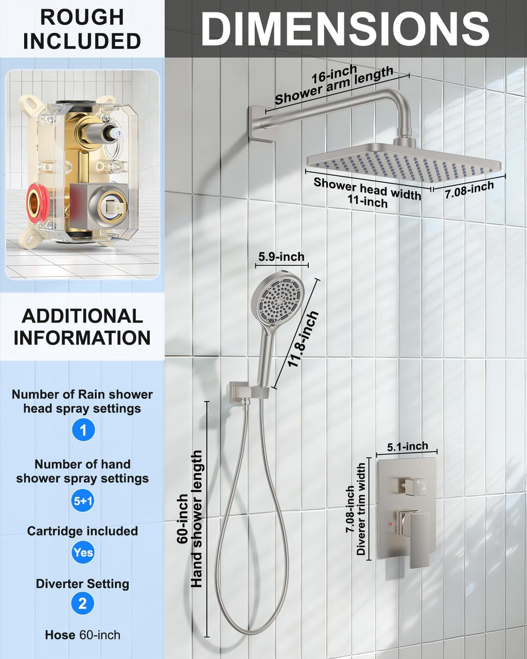 Brushed Nickel 11 Inch Rainfall Shower System – Filtered Handheld Sprayer Shower Head, Complete Bathroom fixtures Set Faucet Mixer Trim & Valve Kit