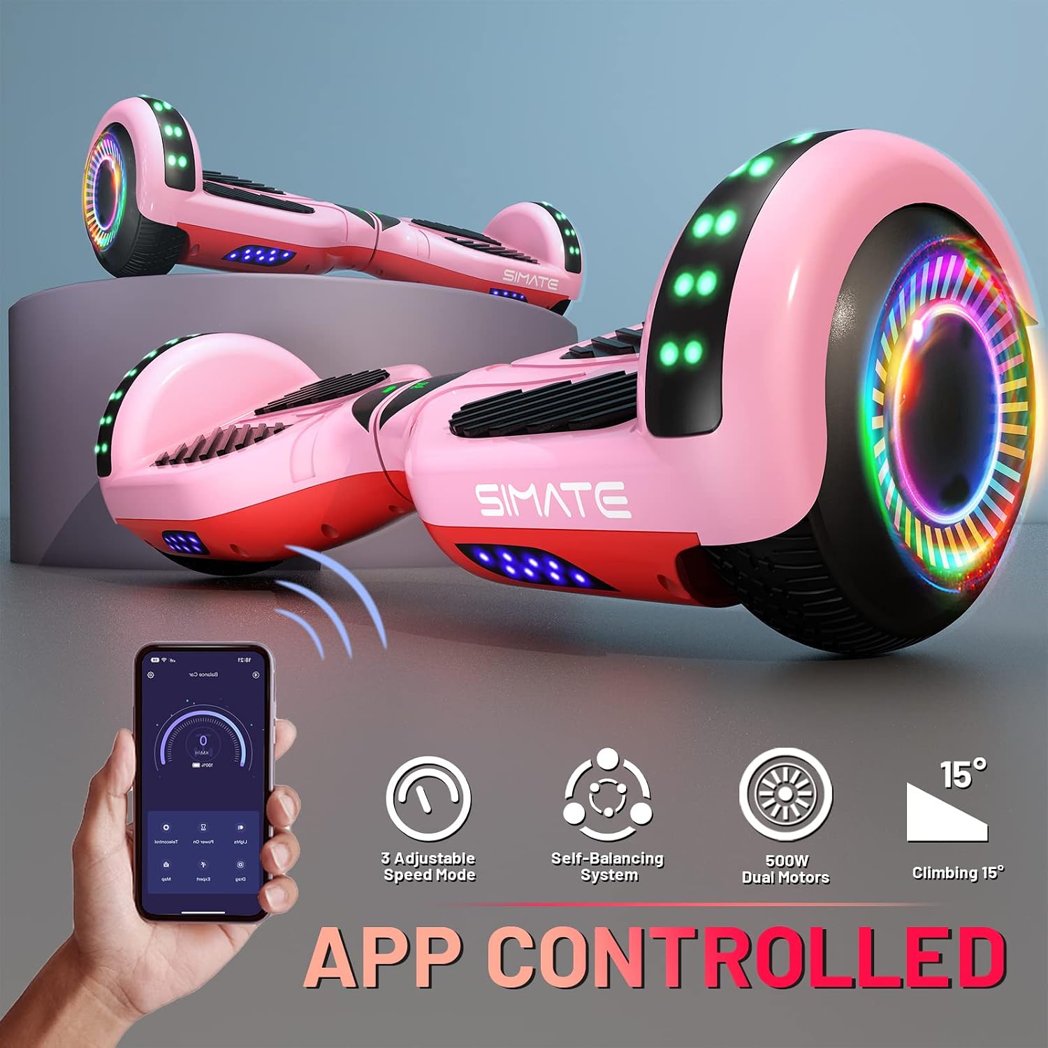SIMATE Hoverboard, Bluetooth All Terrain Hover Boards with LED Lights and APP Control, Gifts for Kids Adults Girls Boys, for All Ages