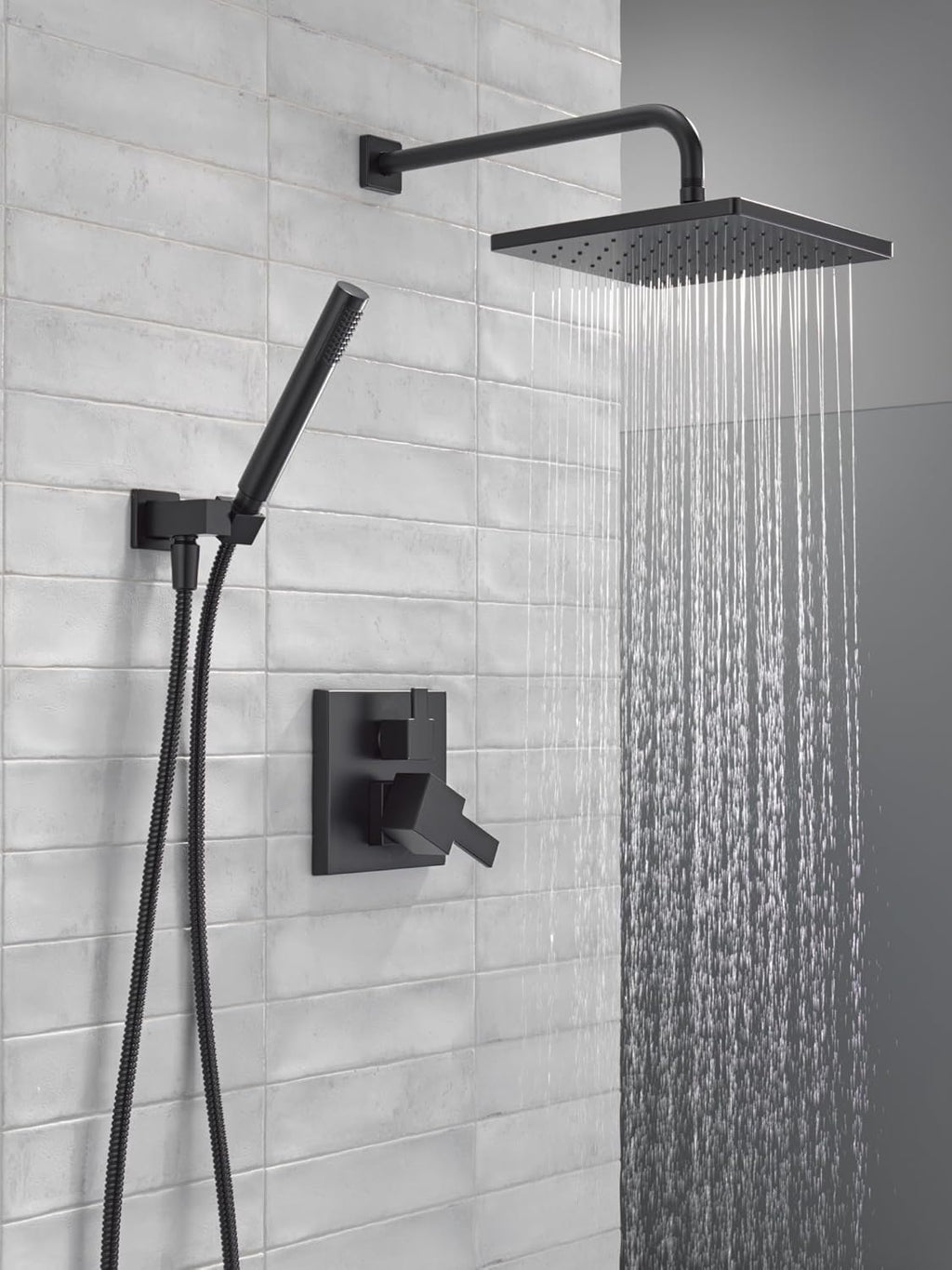 Delta Modern 14 Series Square Rain Shower System Faucet Set, Rainfall Matte Black Shower Head and Handle Set, Valve Trim Kit, 10 Inch, Matte Black T342701-BL (Valve Not Included)
