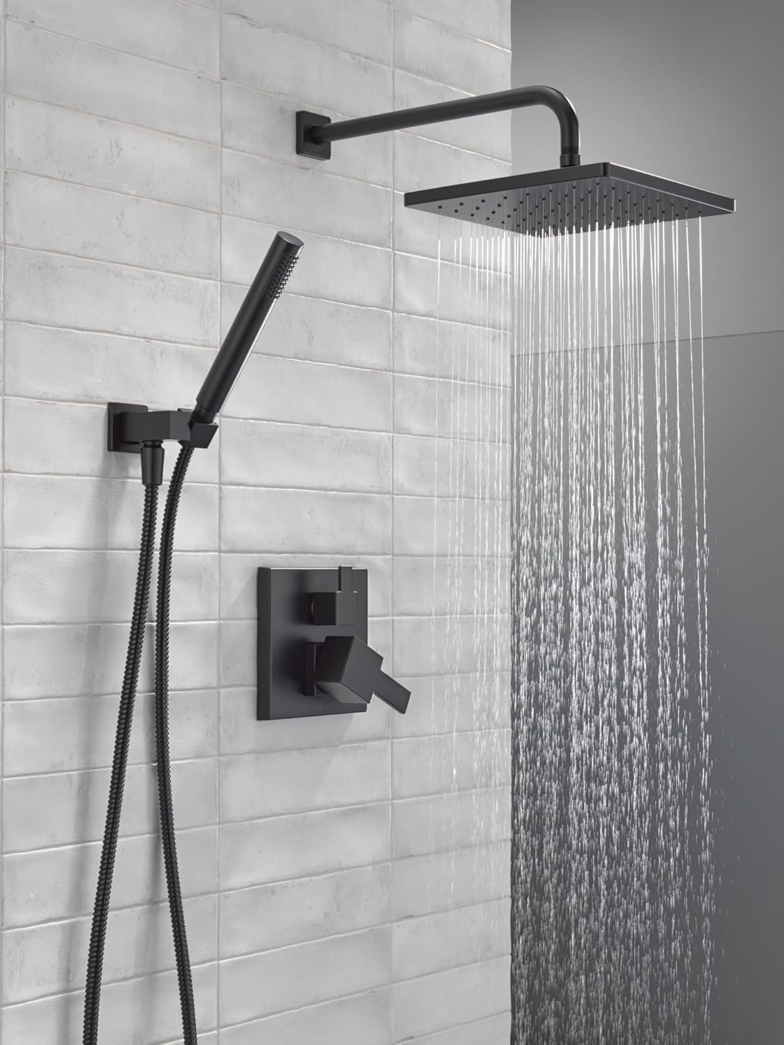Delta Modern 14 Series Square Rain Shower System Faucet Set, Rainfall Matte Black Shower Head and Handle Set, Valve Trim Kit, 10 Inch, Matte Black T342701-BL (Valve Not Included)