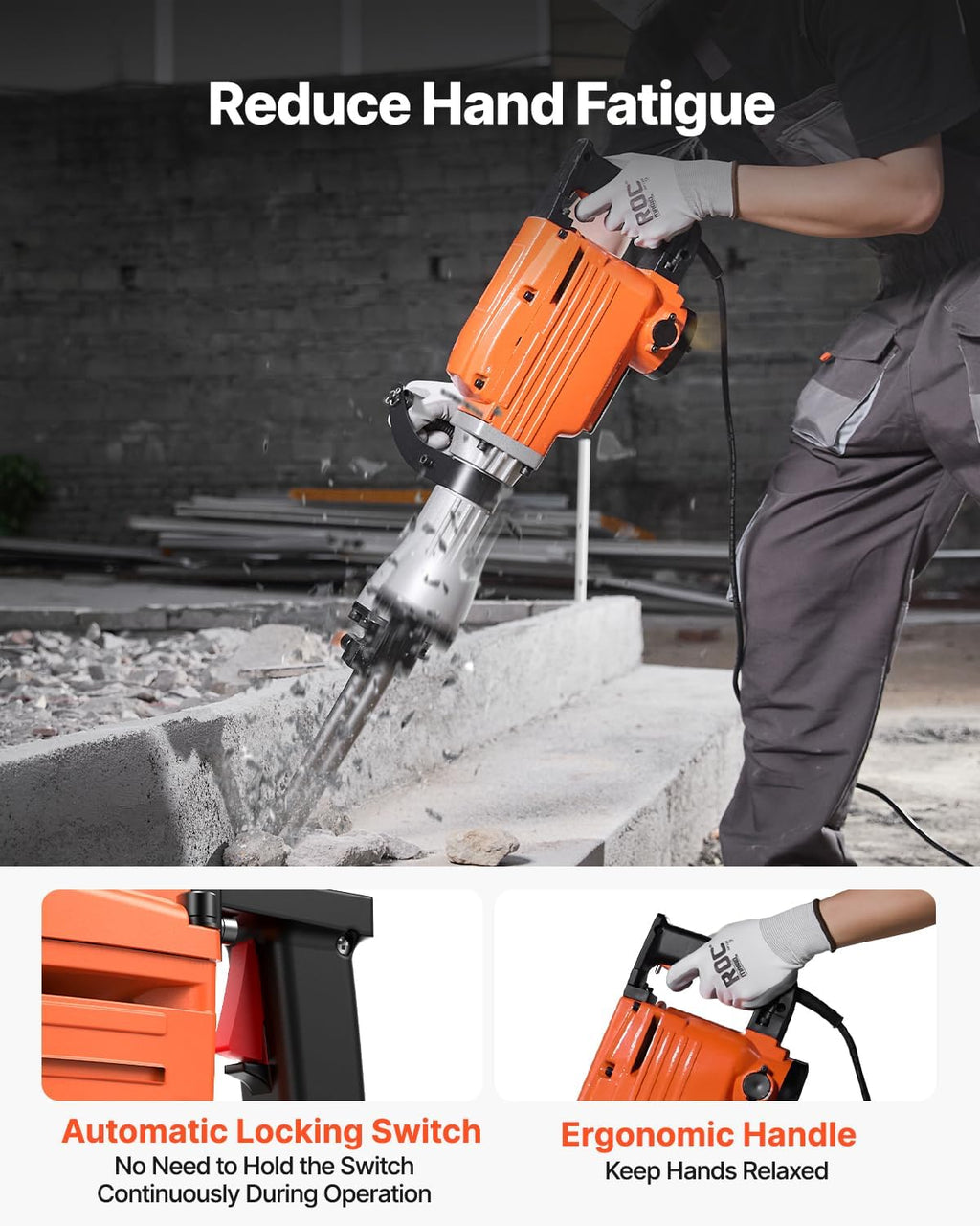 VEVOR Demolition Jack Hammer, MAX 2200W Electric Jackhammer Heavy Duty, 1350 BPM Concrete Breaker 6pcs Chisels Bit Chipping W/Case