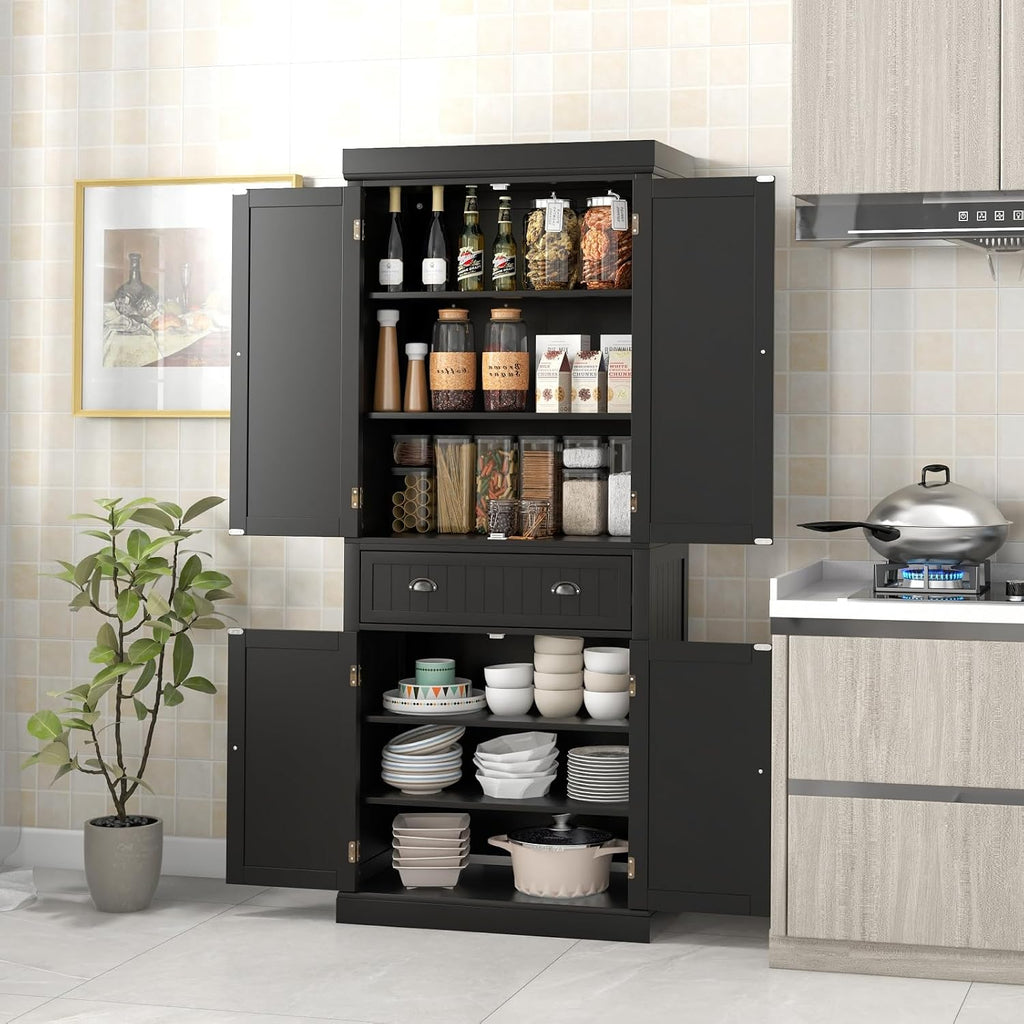 Giantex Pantry Organizers and Storage, 72' Tall Kitchen Cabinet with 2-Door Cabinets & Drawer, Buffet Sideboard w/Adjustable Shelves, Wooden Freestanding Cupboard for Dining Room Living Room (Black)
